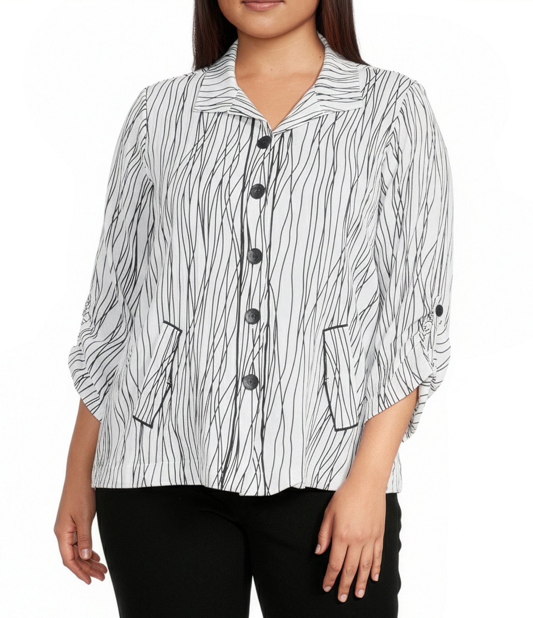 Ali Miles Plus Size Woven Multi Stripe Point Collar 3/4 Cinched Tie Sleeve Button-Front Tunic