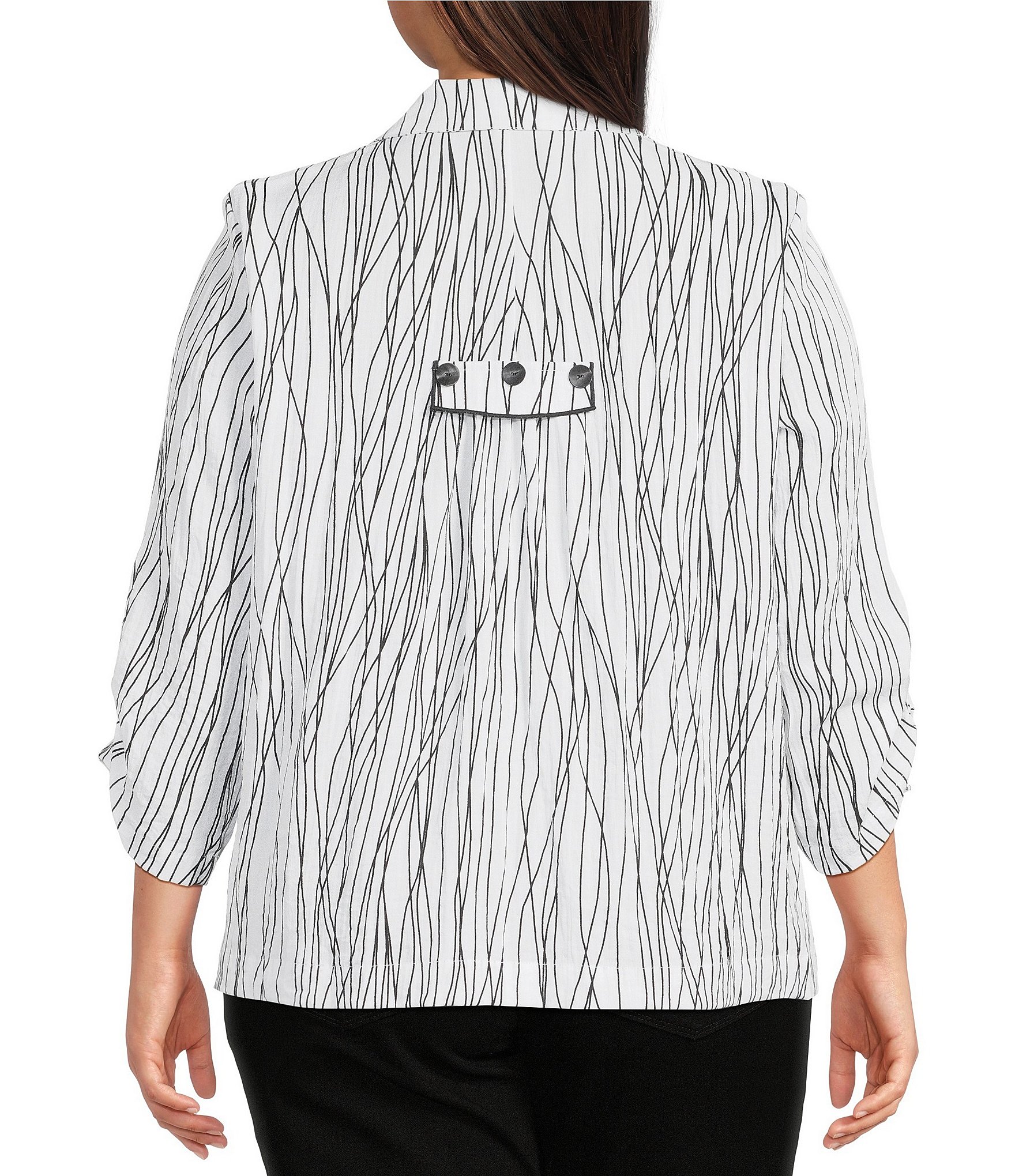 Ali Miles Plus Size Woven Multi Stripe Point Collar 3/4 Cinched Tie Sleeve Button-Front Tunic