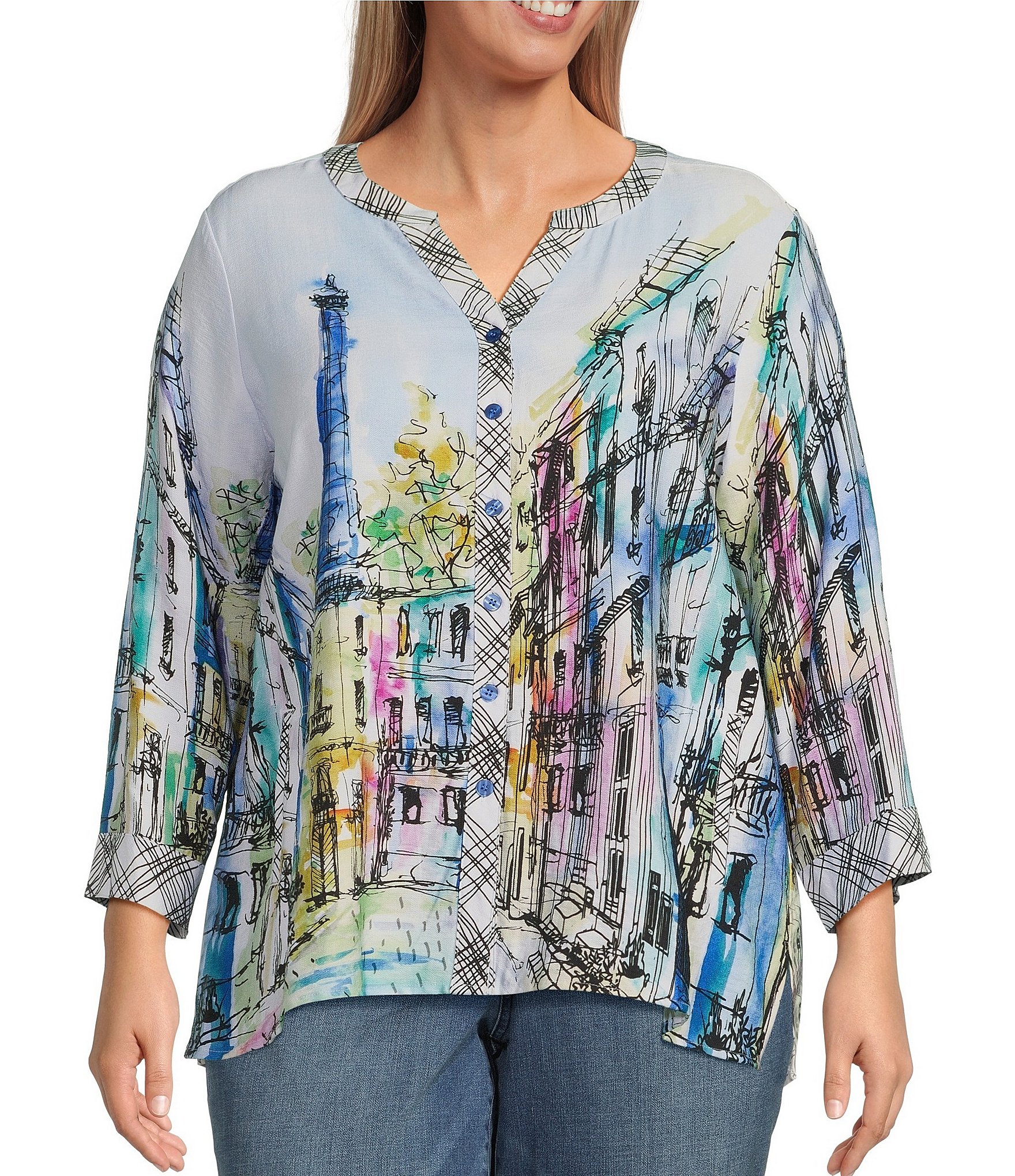 Ali Miles Plus Size Woven Printed Mandarin Collar 3/4
