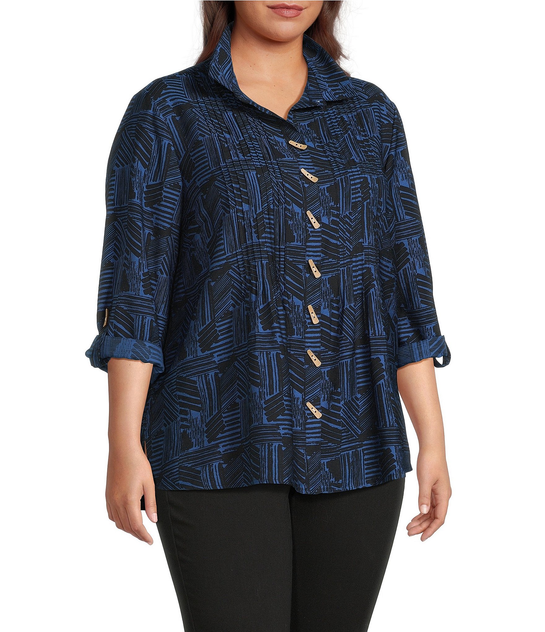 Ali Miles Plus Size Woven Printed Point Collar 3/4 Roll-Tab Sleeve Button-Front Tunic
