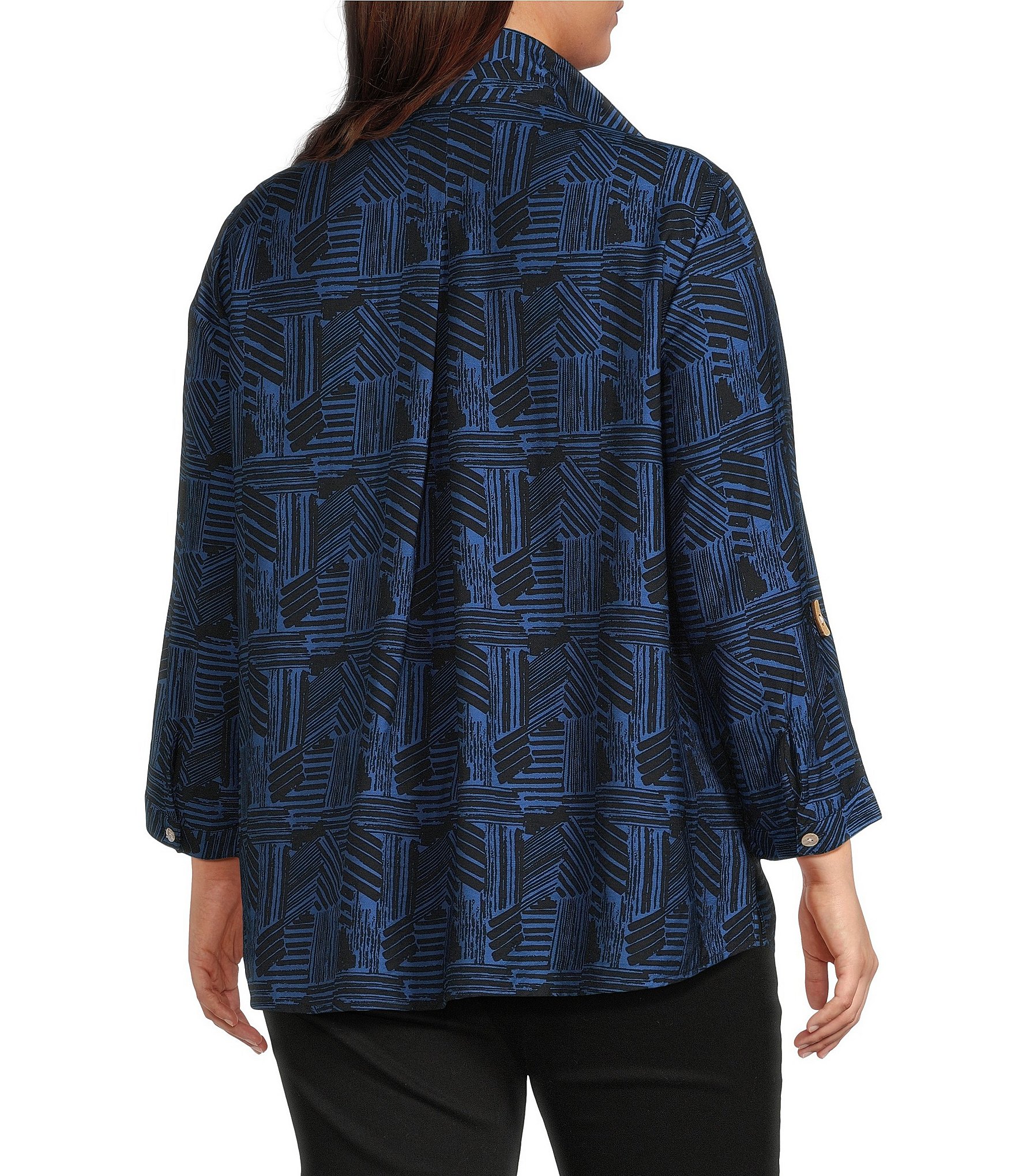 Ali Miles Plus Size Woven Printed Point Collar 3/4 Roll-Tab Sleeve Button-Front Tunic