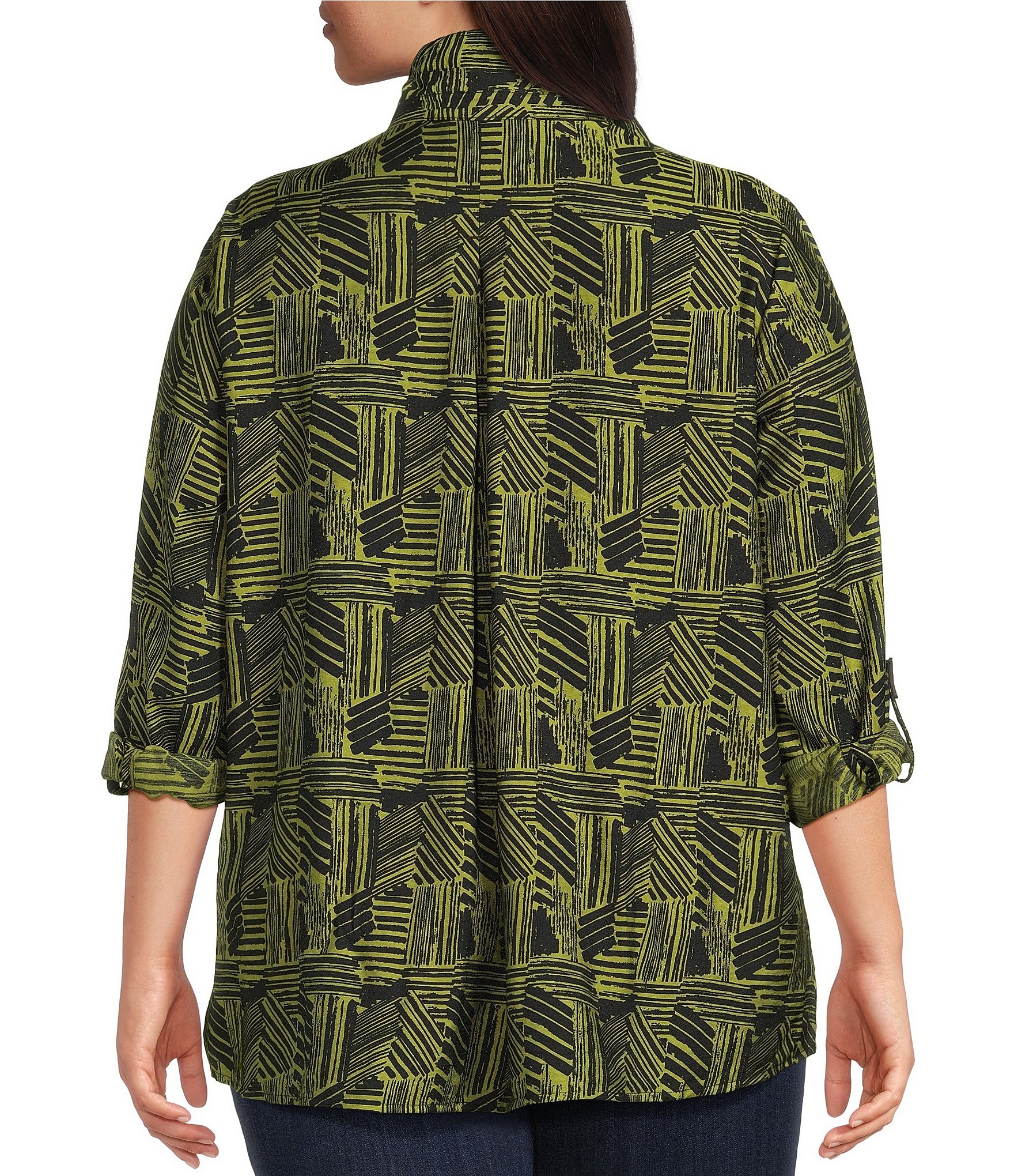 Ali Miles Plus Size Woven Printed Point Collar 3/4 Roll-Tab Sleeve Button-Front Tunic