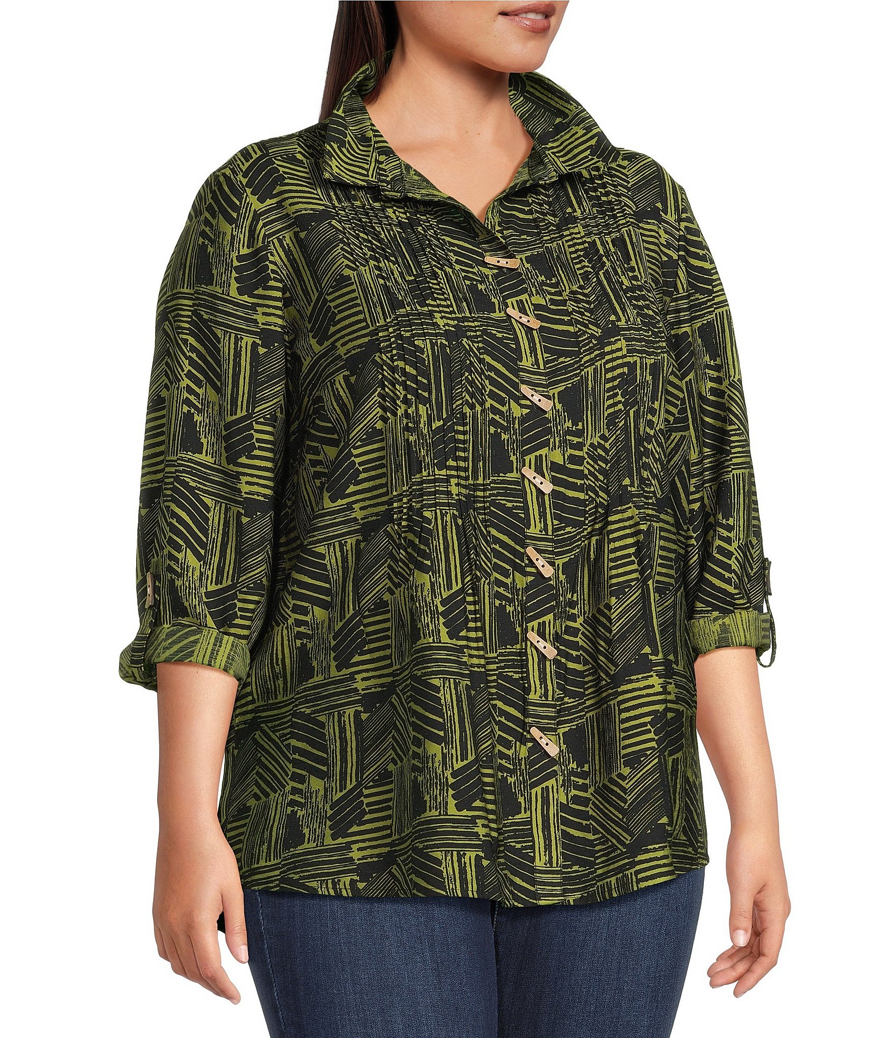 Ali Miles Plus Size Woven Printed Point Collar 3/4 Roll-Tab Sleeve Button-Front Tunic