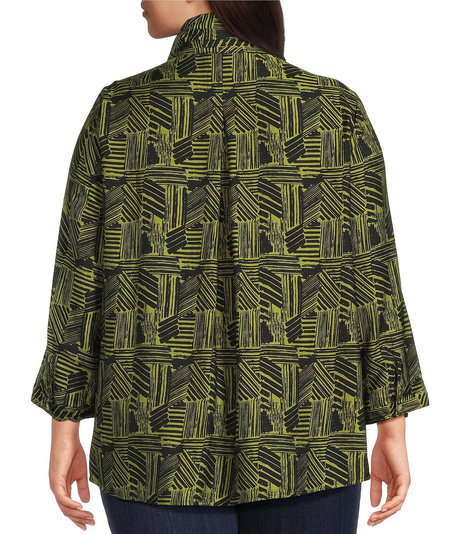 Ali Miles Plus Size Woven Printed Point Collar 3/4 Roll-Tab Sleeve Button-Front Tunic