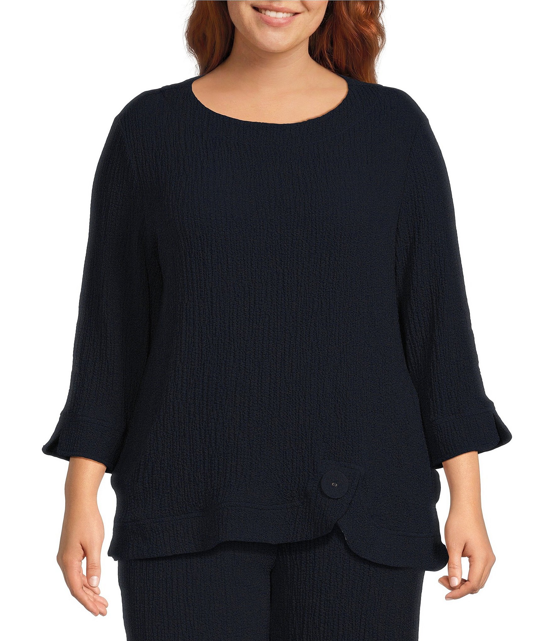 Ali Miles Plus Size Woven Round Neck 3/4 Sleeve Button Detail Hem Top