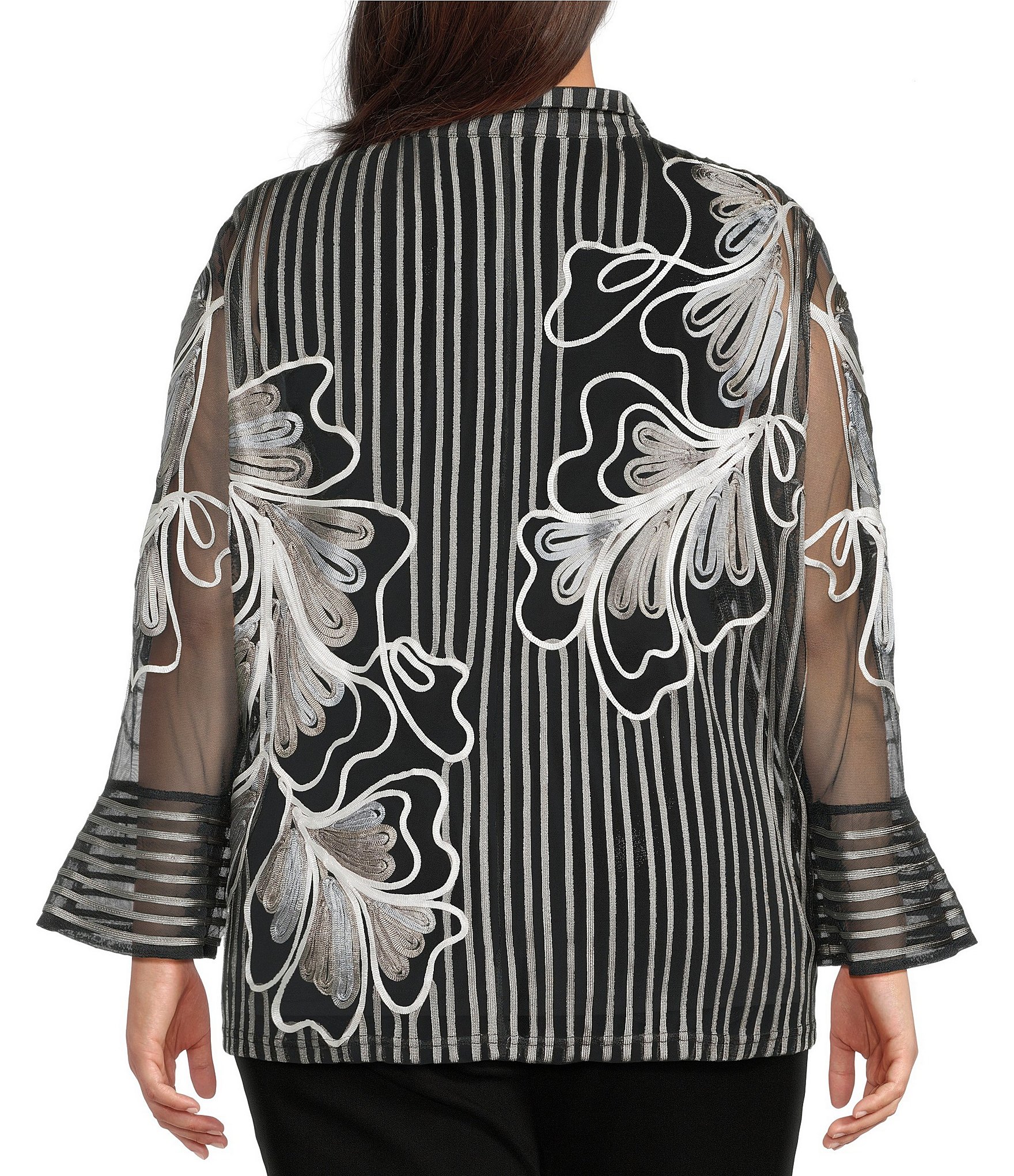 Ali Miles Plus Size Woven Satin Soutache Leaf Stripe Wire Collar 3/4 Sleeve Button-Front Tunic