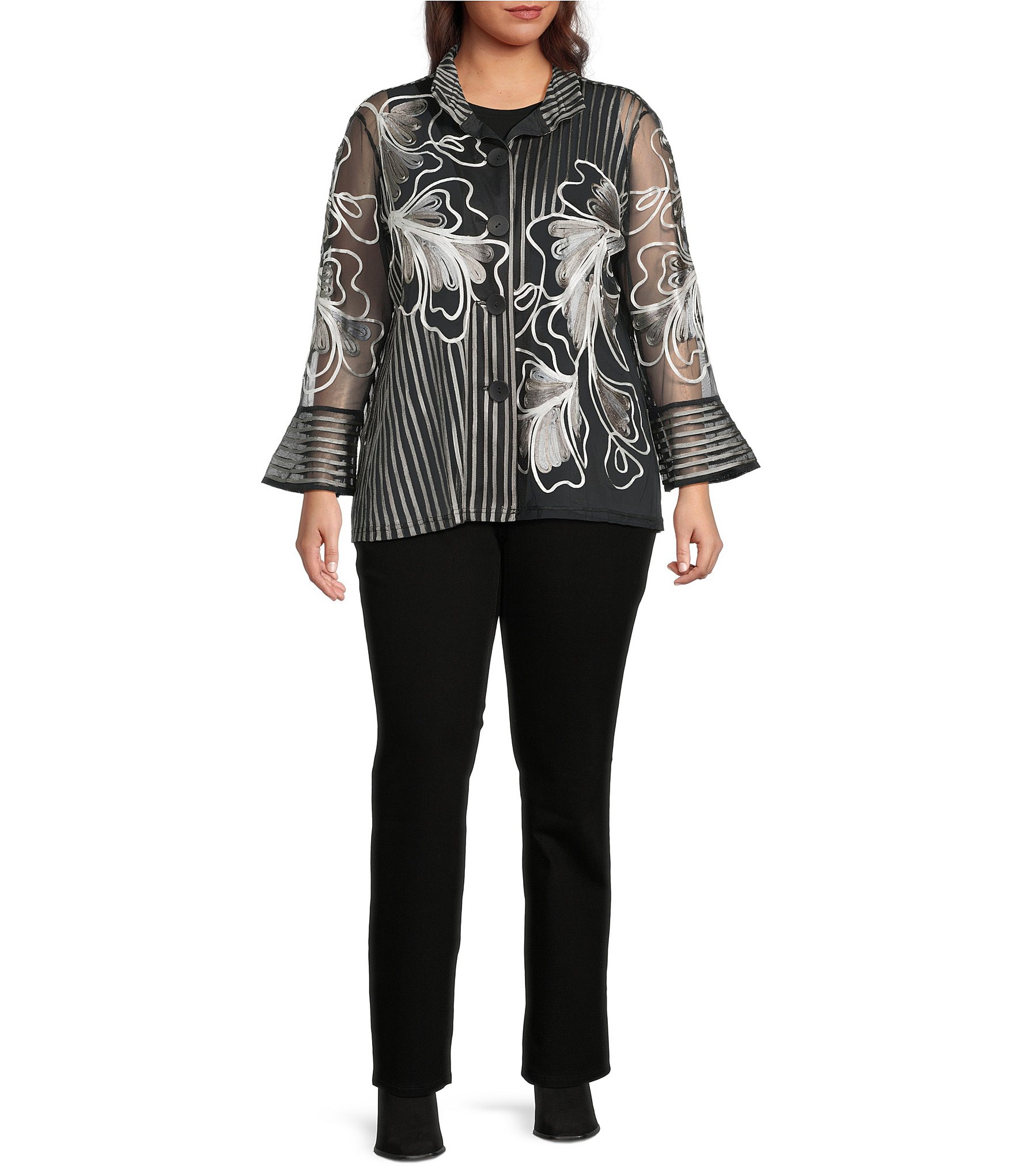 Ali Miles Plus Size Woven Satin Soutache Leaf Stripe Wire Collar 3/4 Sleeve Button-Front Tunic