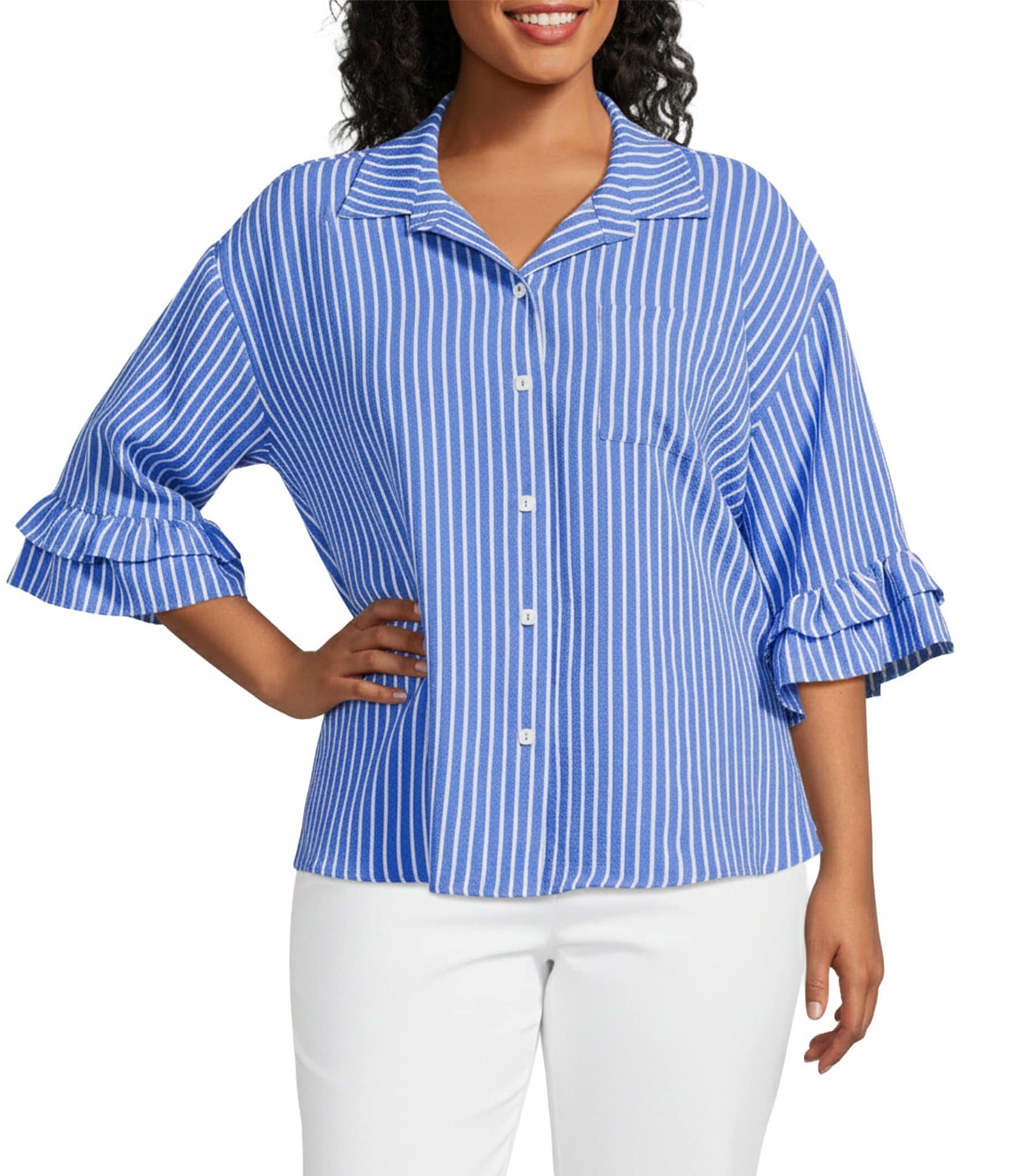 Ali Miles Plus Size Woven Stripe Point Collar Elbow Ruffle Sleeve Button Front Tunic