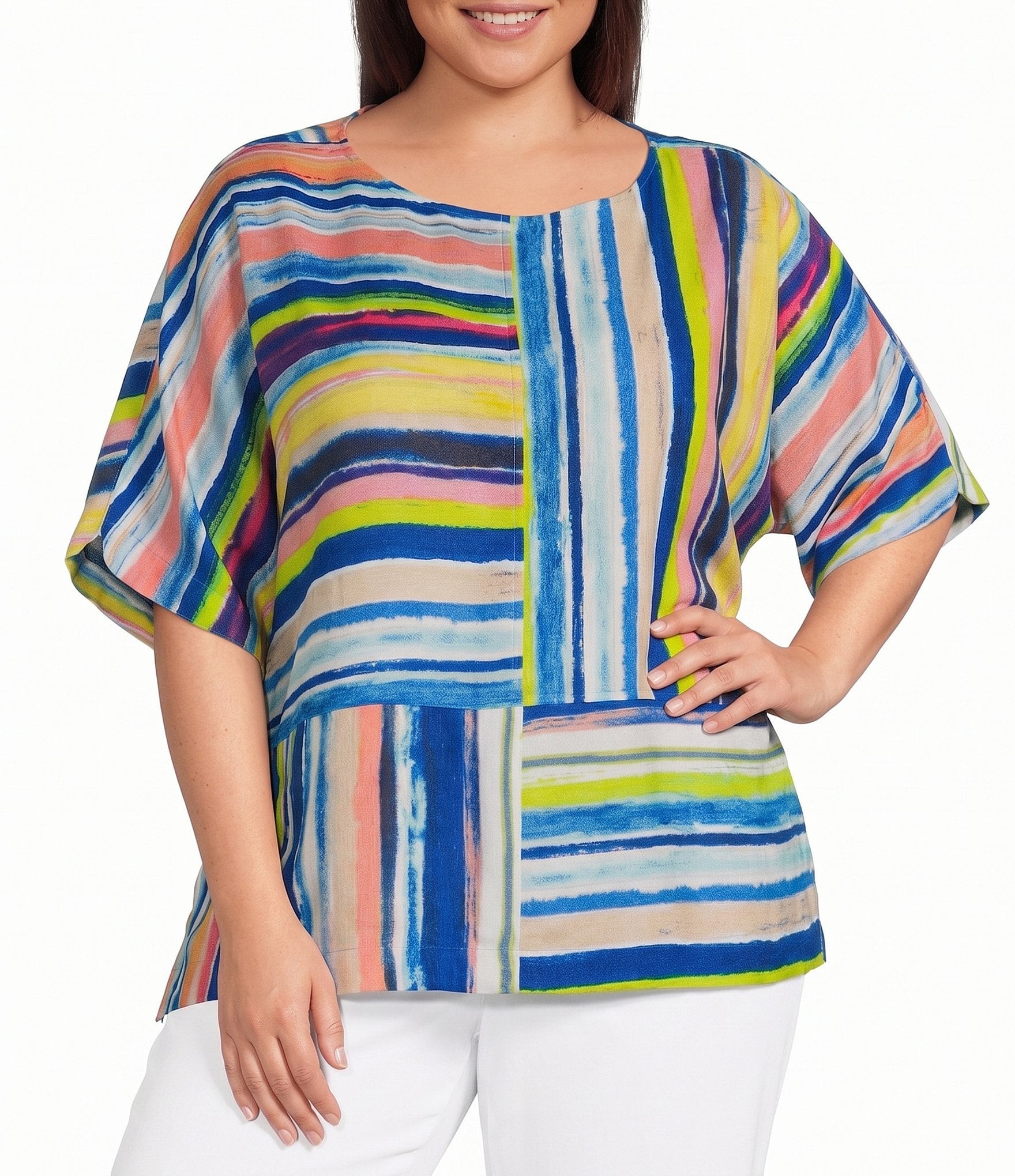 Ali Miles Plus Size Woven Stripe Round Neck Short Dolman Sleeve Tunic