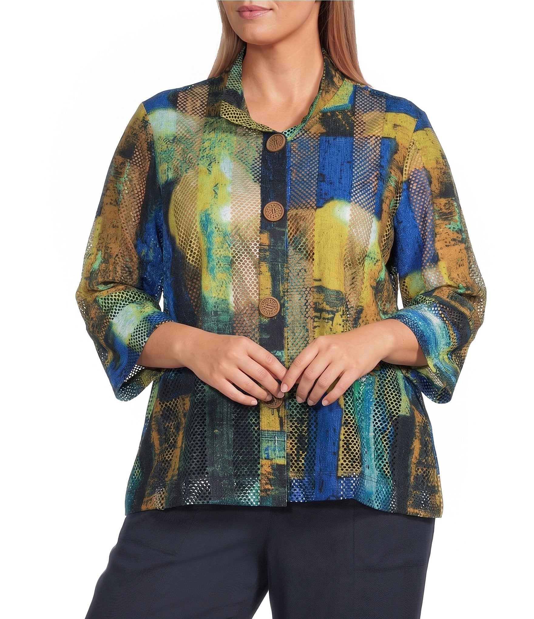 Ali Miles Plus Size Woven Textured Abstract Wire Collar 3/4 Bell Sleeve Button Front Jacket