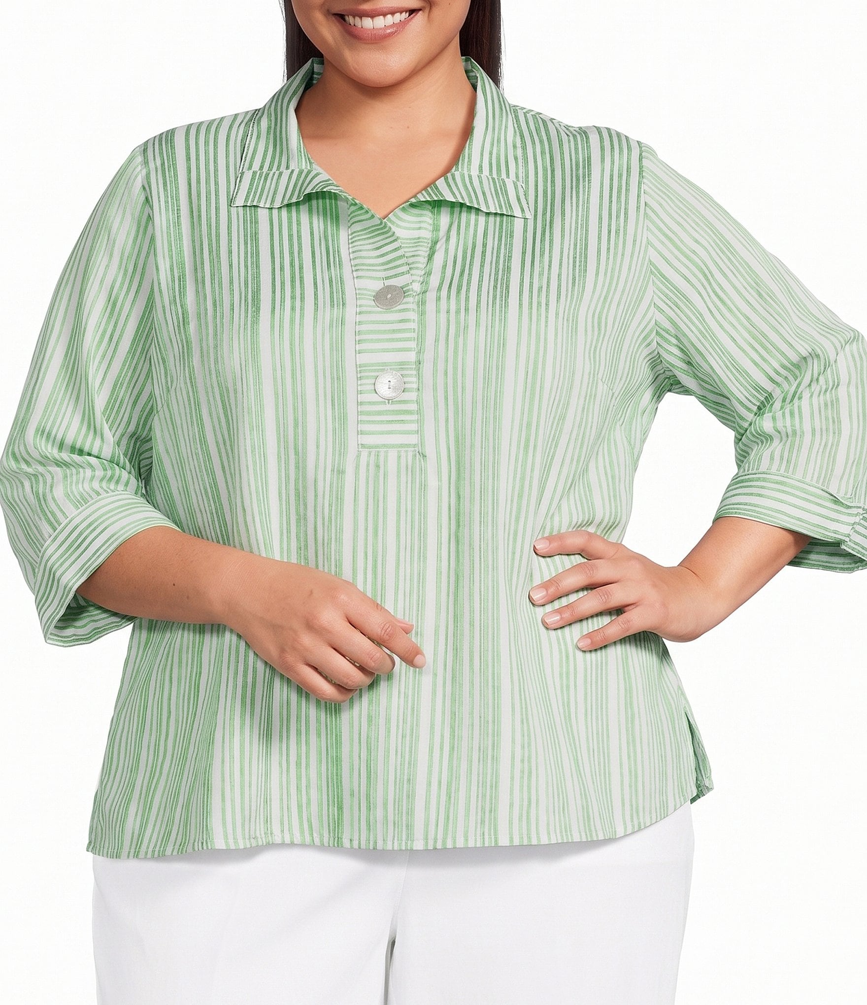 Ali Miles Plus Size Woven Yarn-Dyed Stripe Wire Collar 3/4 Sleeve Button Front Placket Shirt