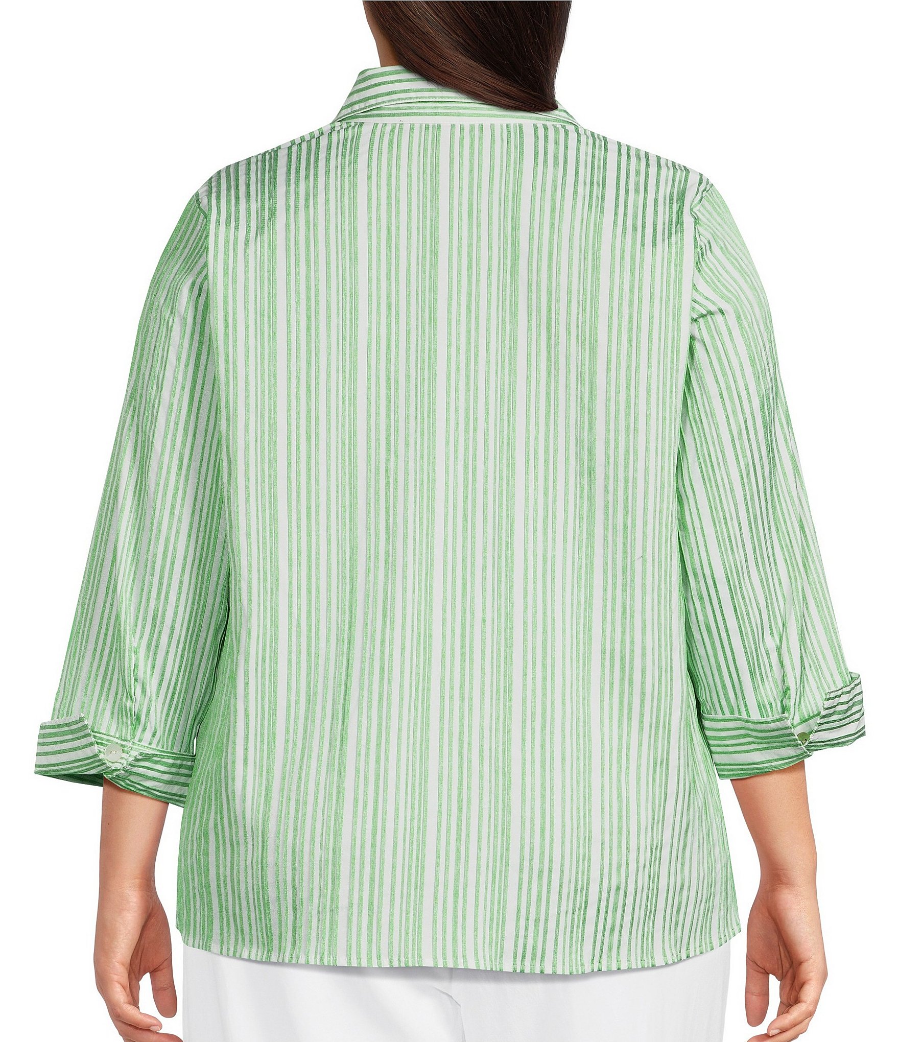 Ali Miles Plus Size Woven Yarn-Dyed Stripe Wire Collar 3/4 Sleeve Button Front Placket Shirt