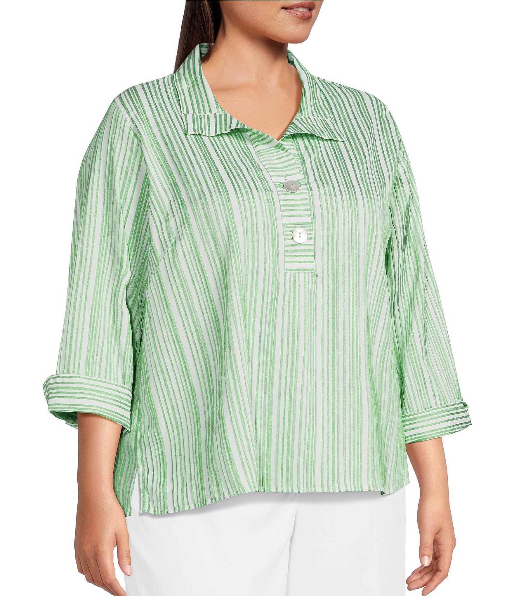 Ali Miles Plus Size Woven Yarn-Dyed Stripe Wire Collar 3/4 Sleeve Button Front Placket Shirt