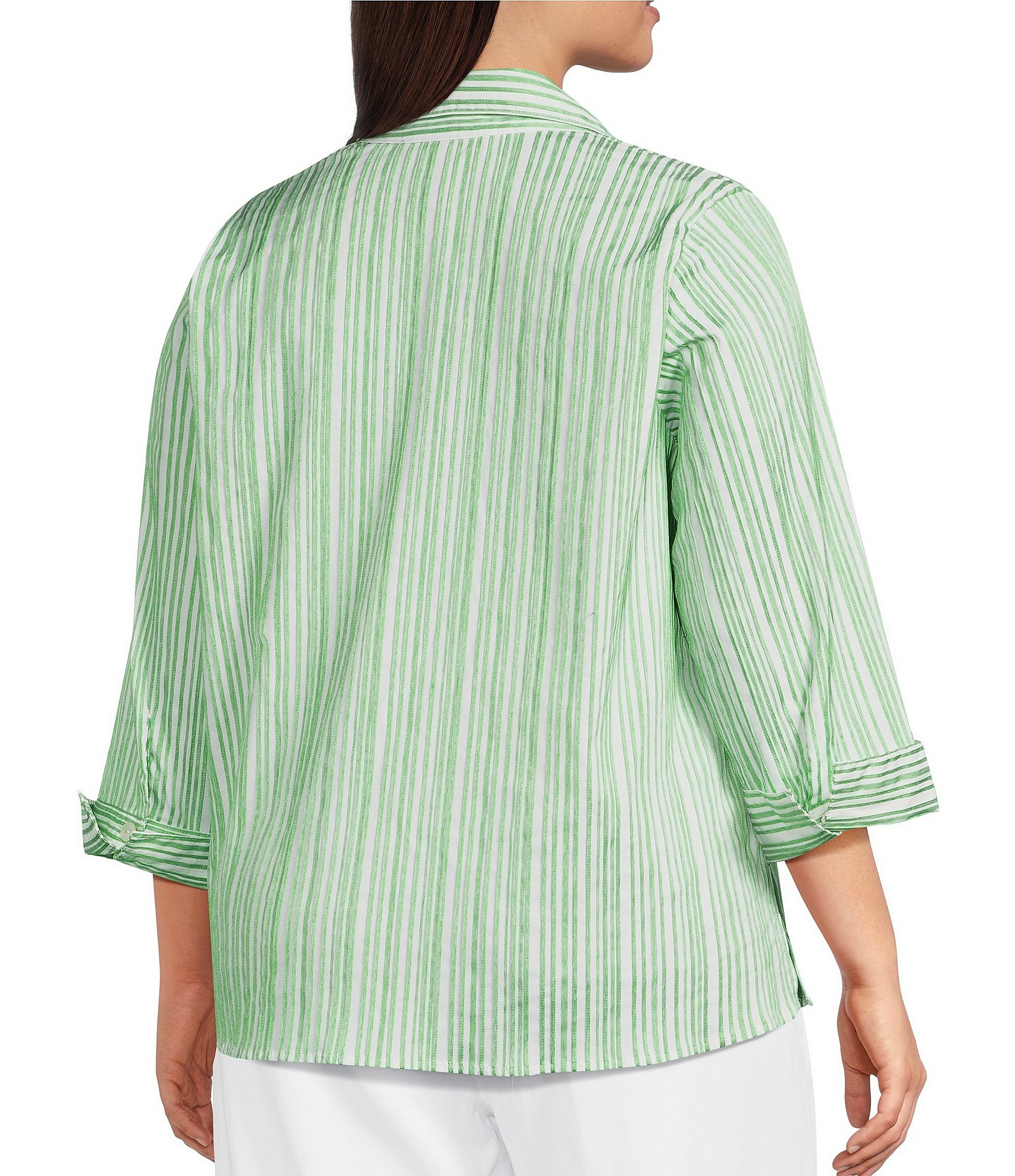 Ali Miles Plus Size Woven Yarn-Dyed Stripe Wire Collar 3/4 Sleeve Button Front Placket Shirt