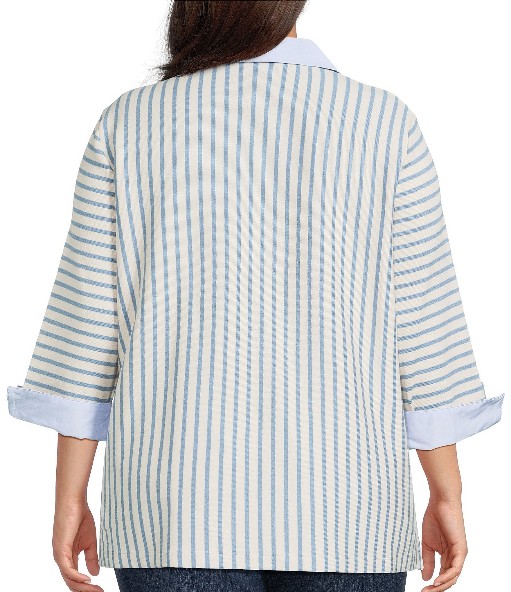 Ali Miles Plus Size Yarn-Dyed Stripe Collared Split V-Neck Long Sleeve Tunic