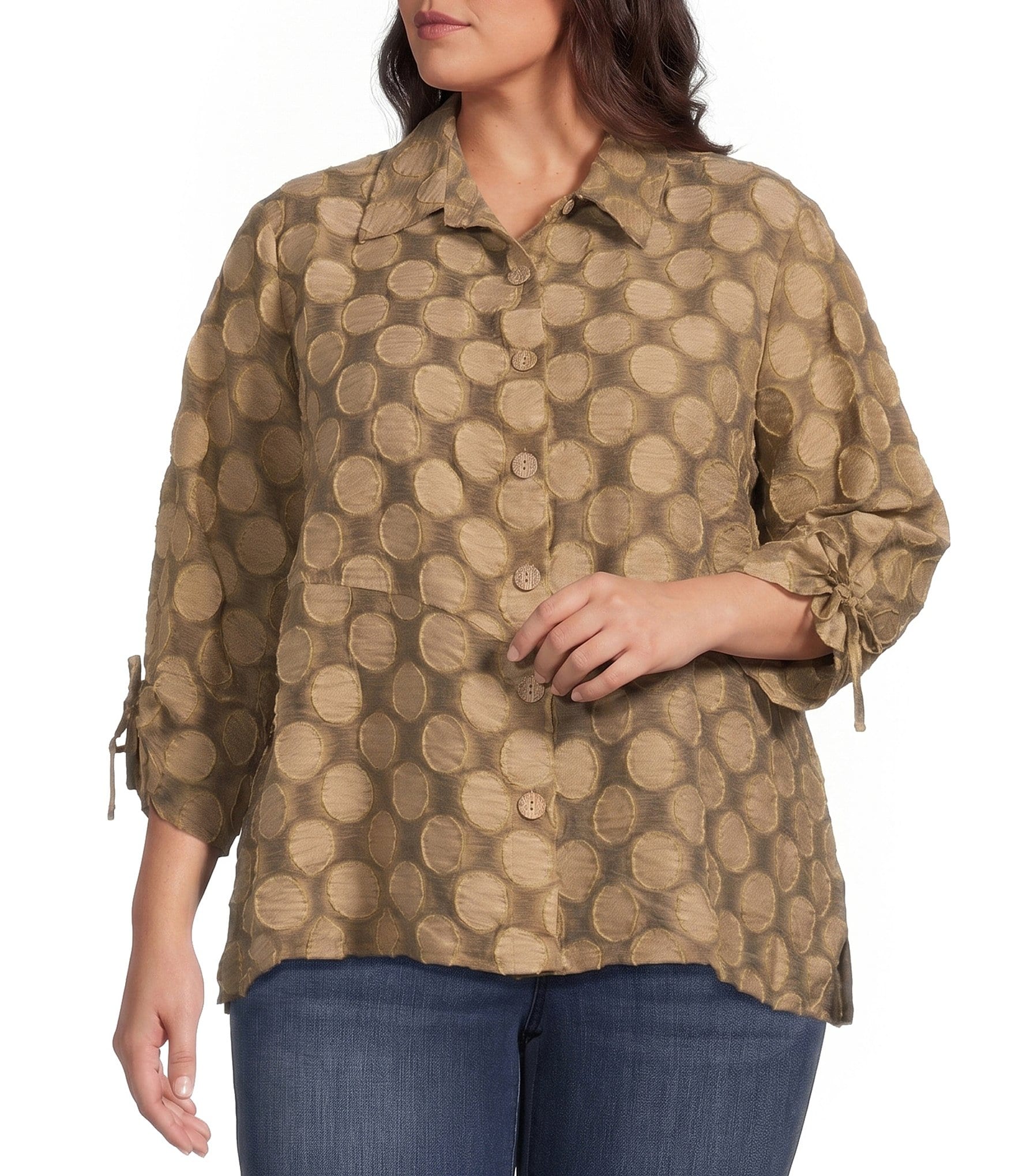 Ali Miles Plus Woven Jacquard Allover Dot Point Collar 3/4 Cinched Sleeve Button Front Shirt