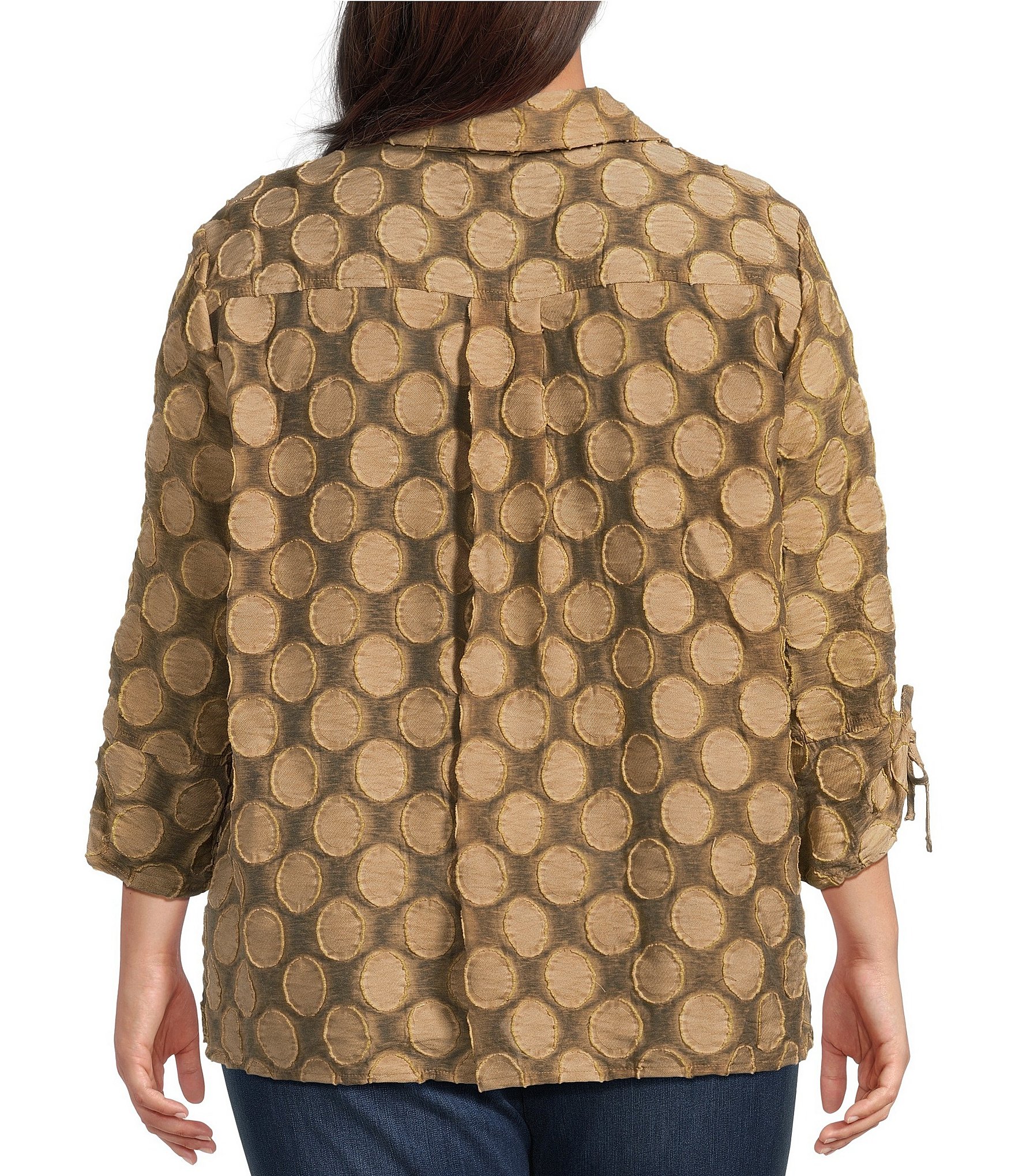 Ali Miles Plus Woven Jacquard Allover Dot Point Collar 3/4 Cinched Sleeve Button Front Shirt