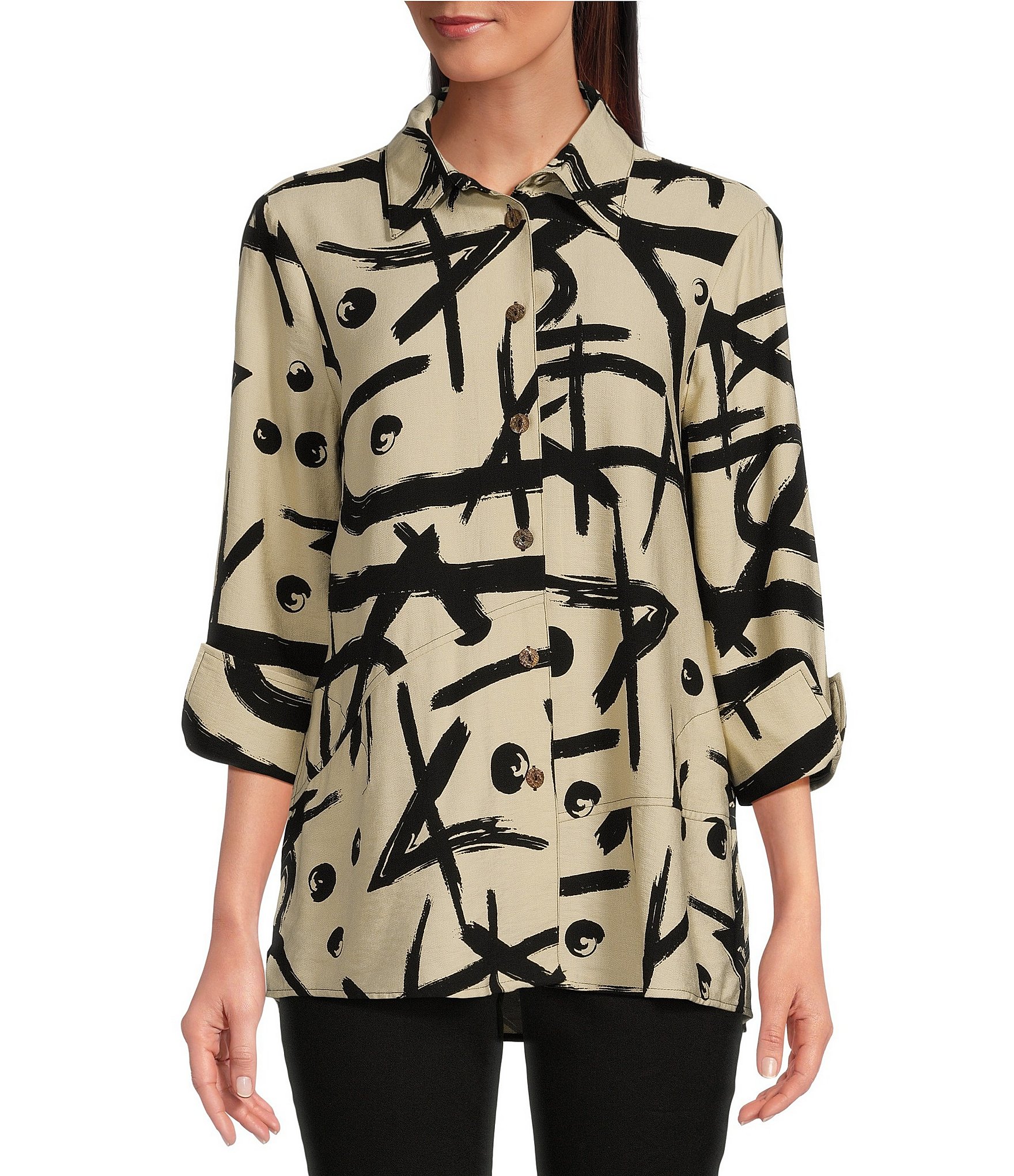 Ali Miles Abstract Printed Collared 3/4 Cuffed Sleeve Button Down Top