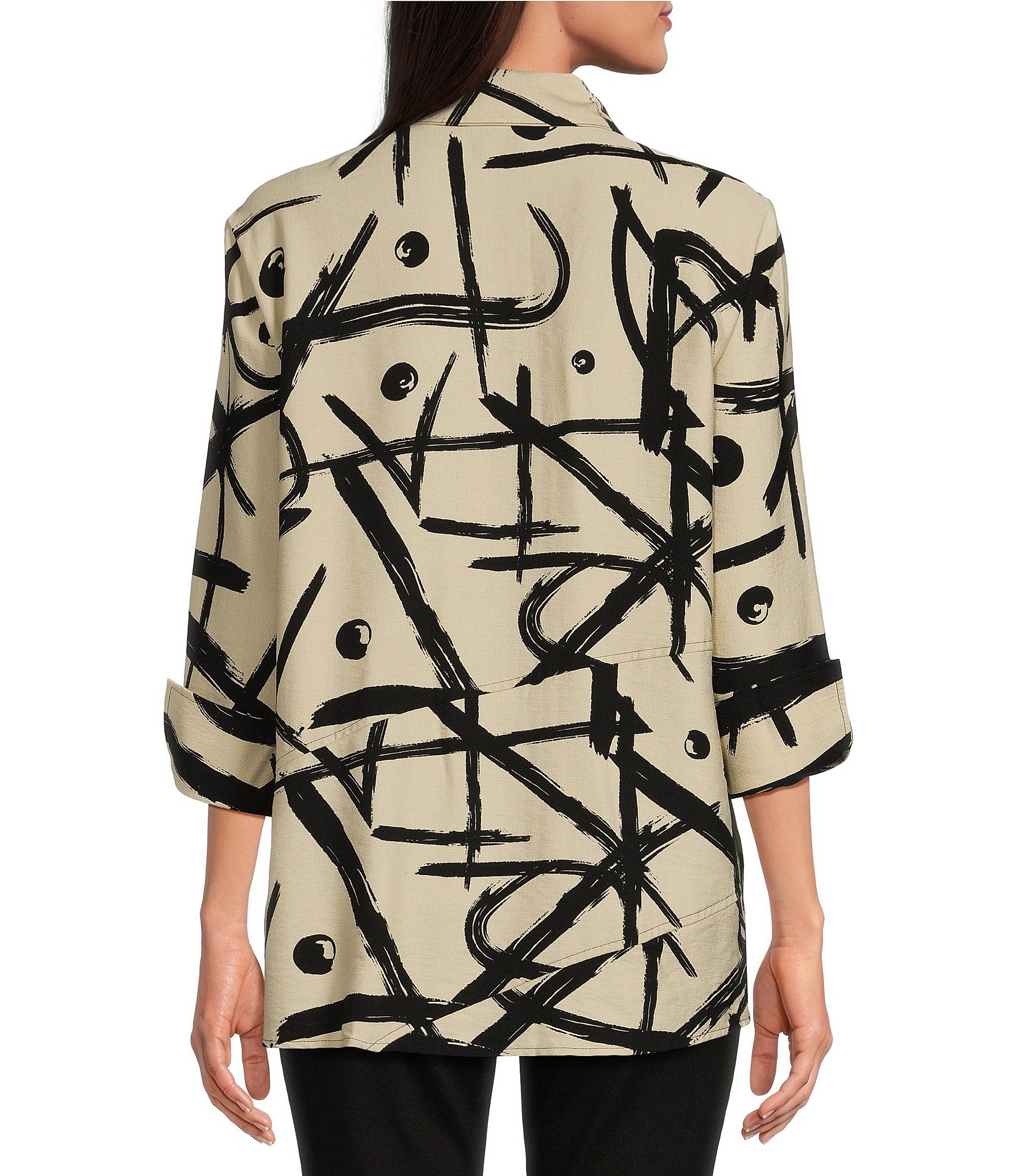 Ali Miles Abstract Printed Collared 3/4 Cuffed Sleeve Button Down Top