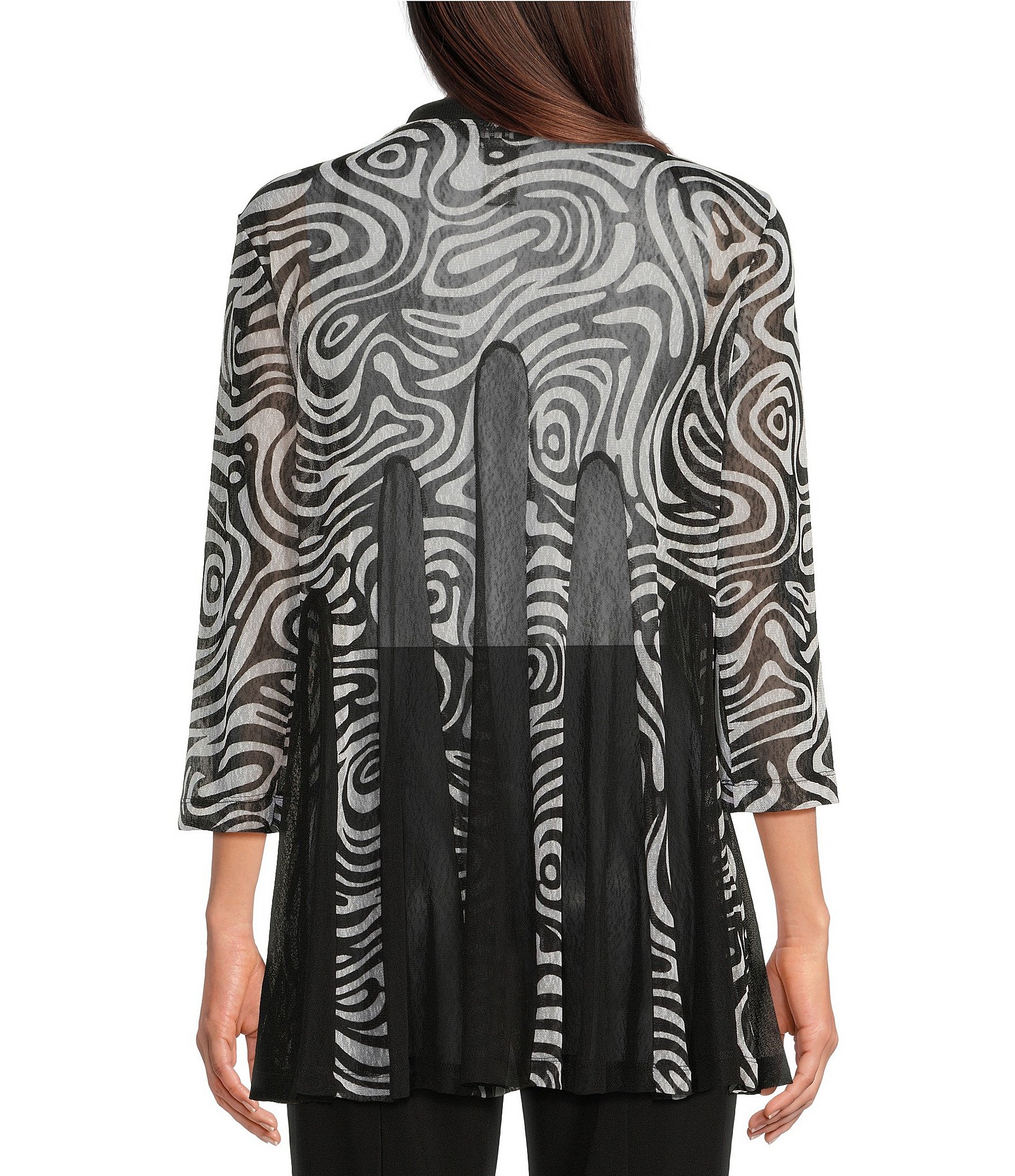 Ali Miles Printed Mesh Inset 3/4 Sleeve Open-Front Kimono