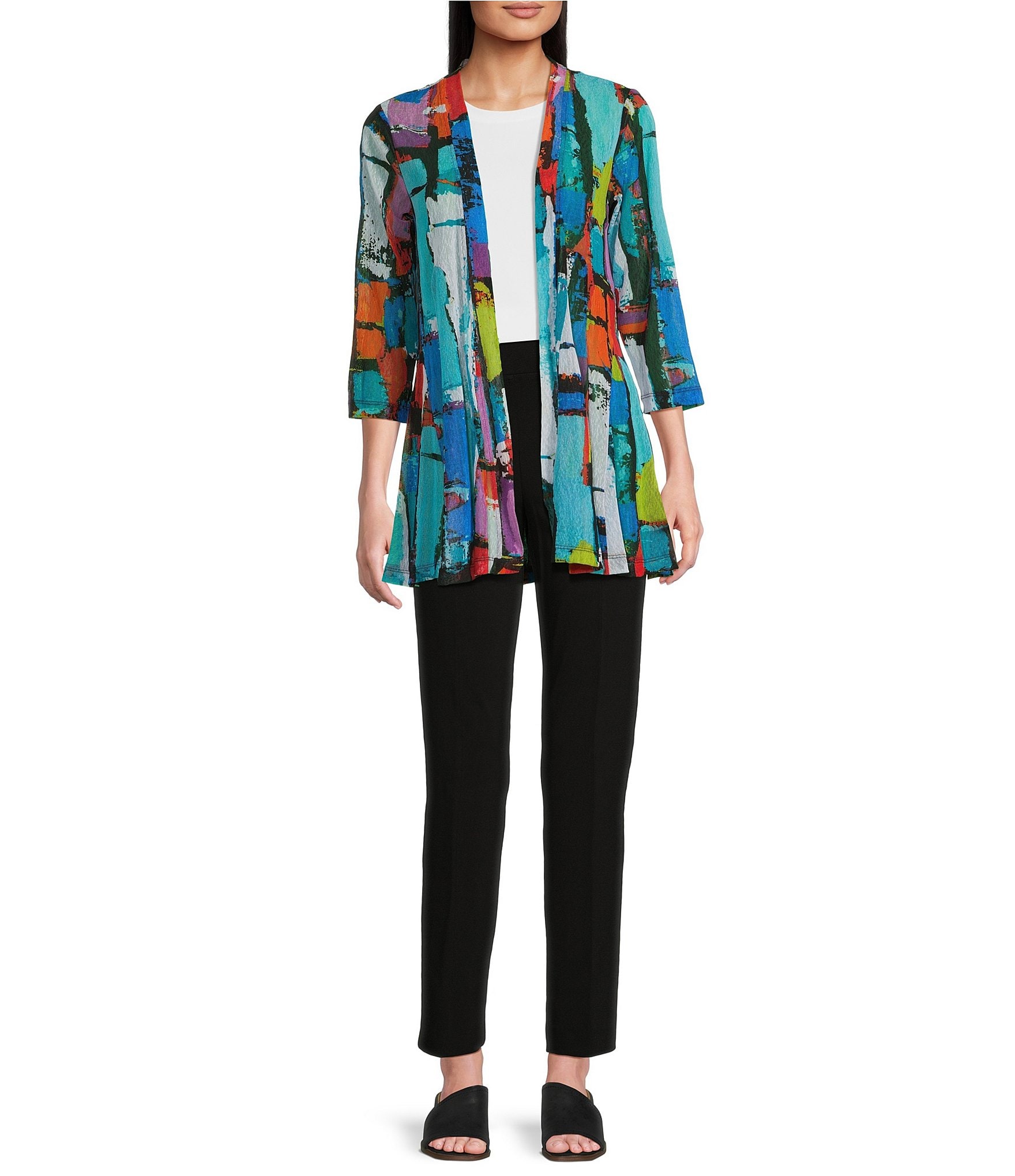 Ali Miles Printed Mesh Inset 3/4 Sleeve Open-Front Kimono