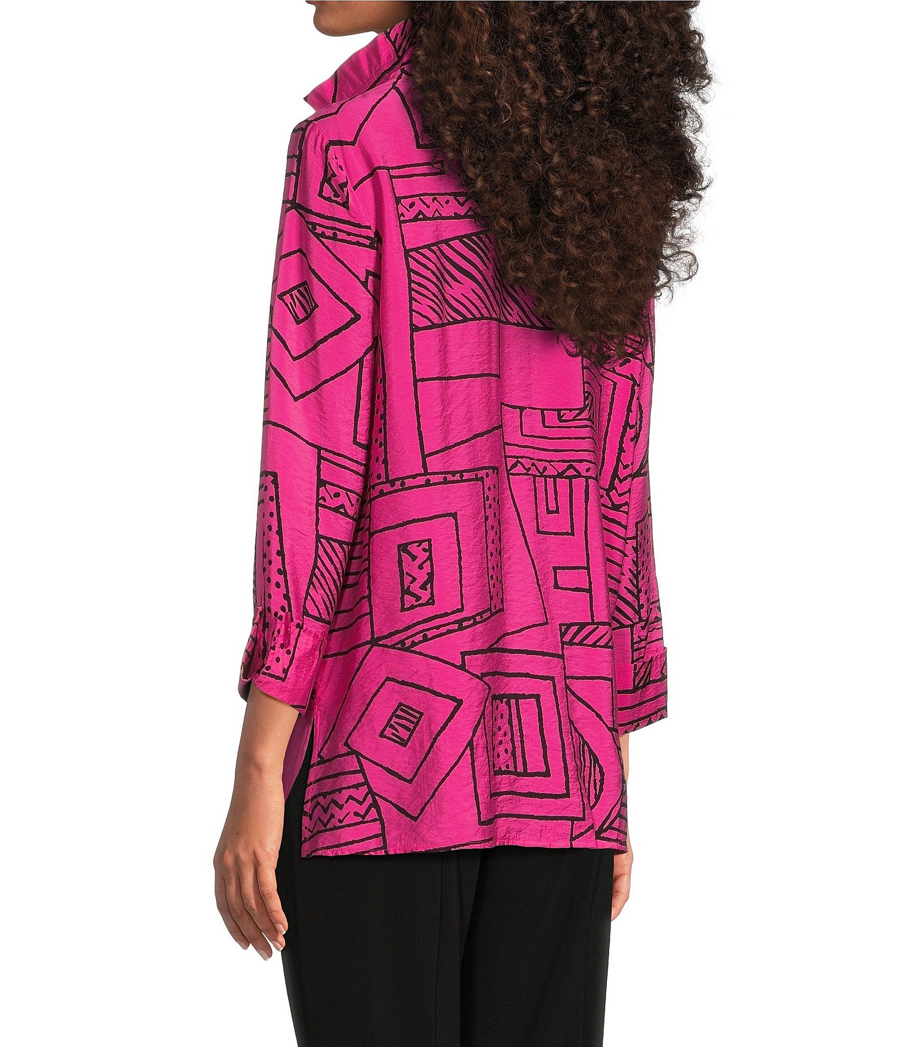 Ali Miles Printed Wire Collar 3/4 Sleeve Button Front Tunic