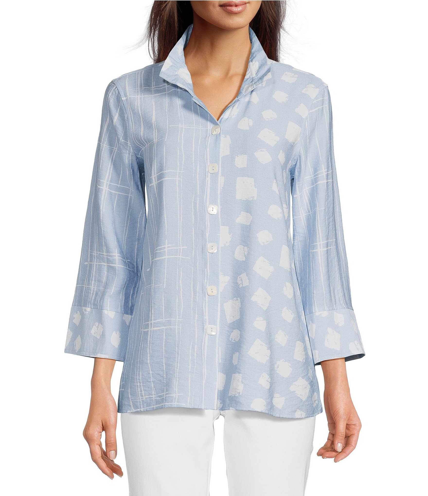 Ali Miles Printed Wire Collar 3/4 Sleeve Button-Front Tunic