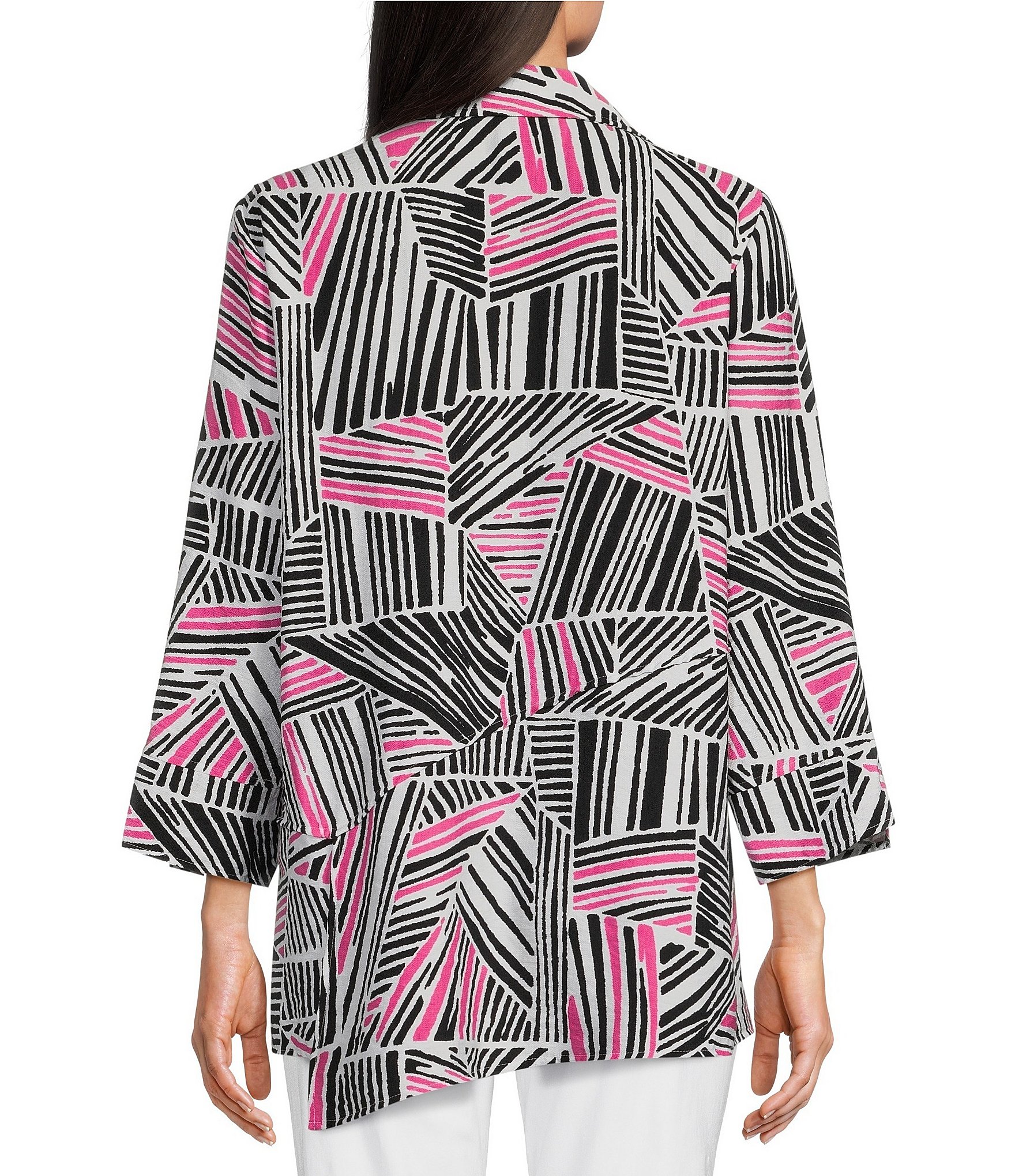 Ali Miles Printed Woven Wire Collar 3/4 Sleeve Asymmetric Hem Button-Front Tunic