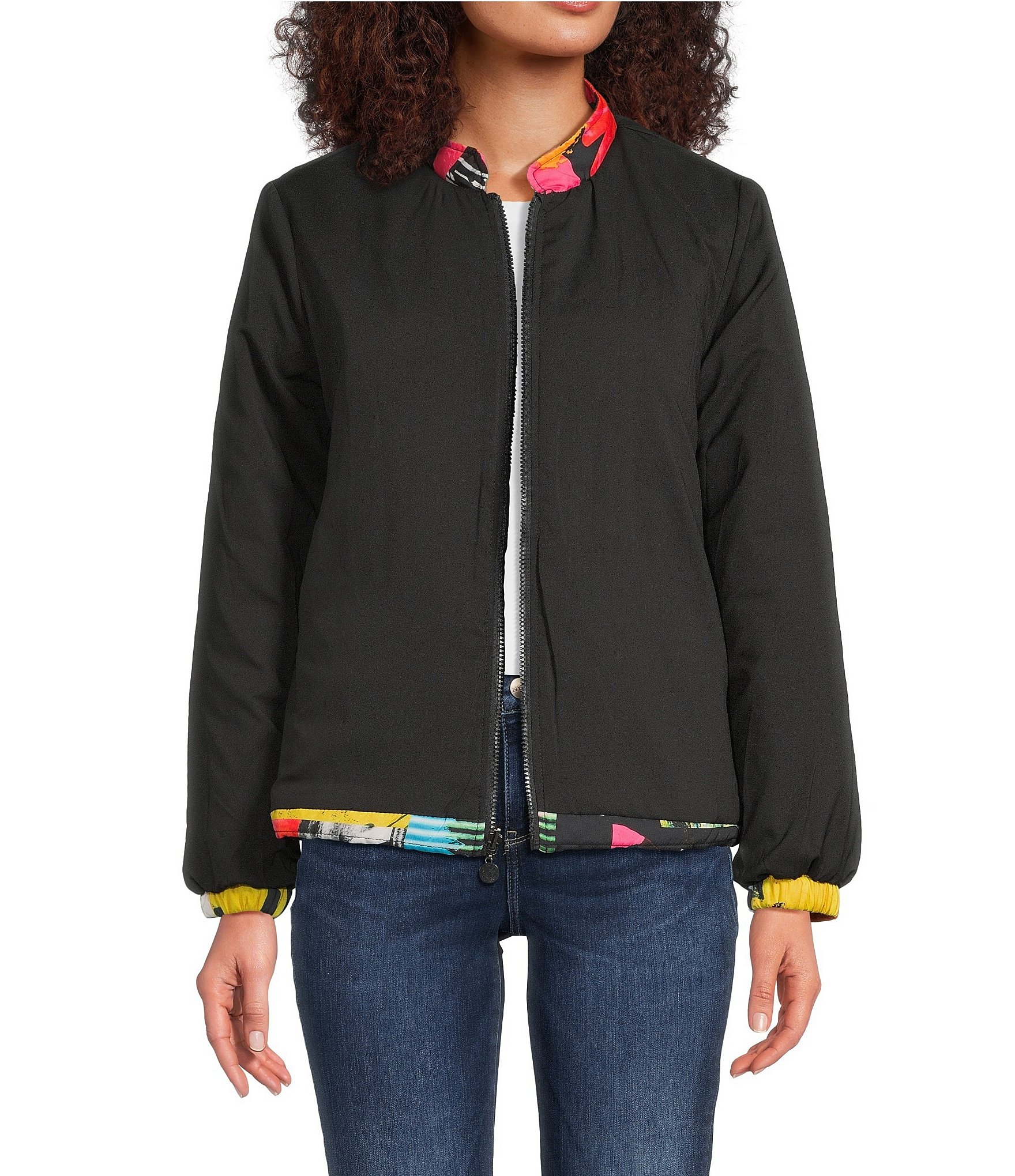 Ali Miles Reversible Abstract Print Quilted Stand Collar Long Sleeve High-Low Zip Front Jacket