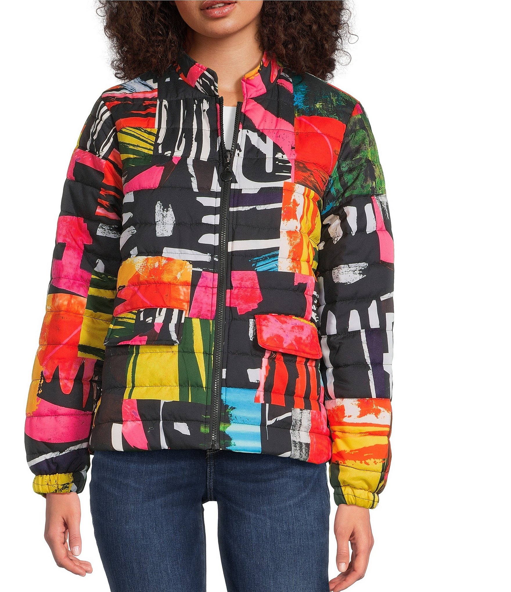 Ali Miles Reversible Abstract Print Quilted Stand Collar Long Sleeve High-Low Zip Front Jacket