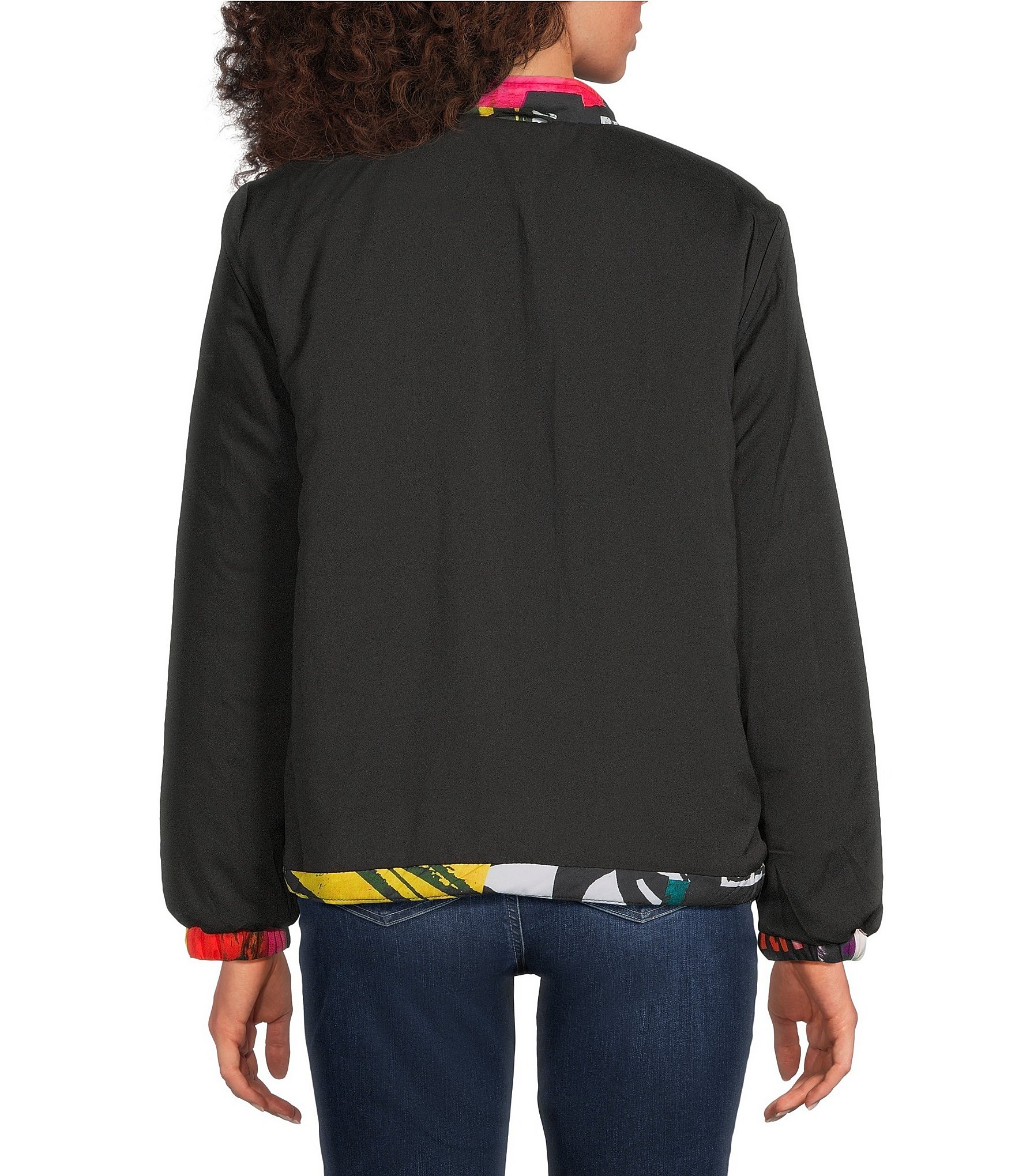 Ali Miles Reversible Abstract Print Quilted Stand Collar Long Sleeve High-Low Zip Front Jacket