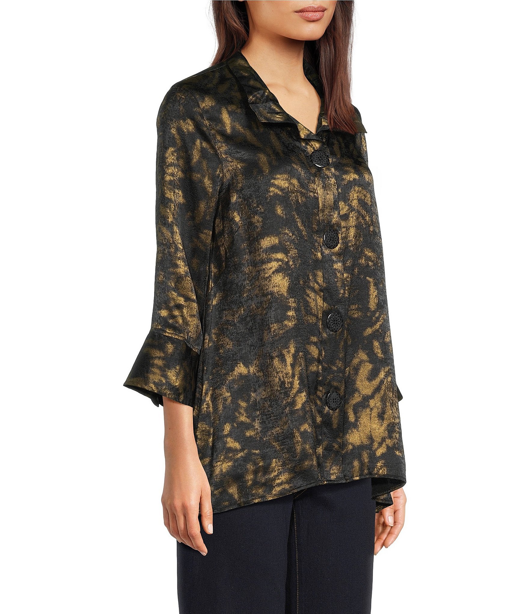 Ali Miles Shimmer Woven Allover Multi Print Wire Collar 3/4 Bell Sleeve Button Front Tunic