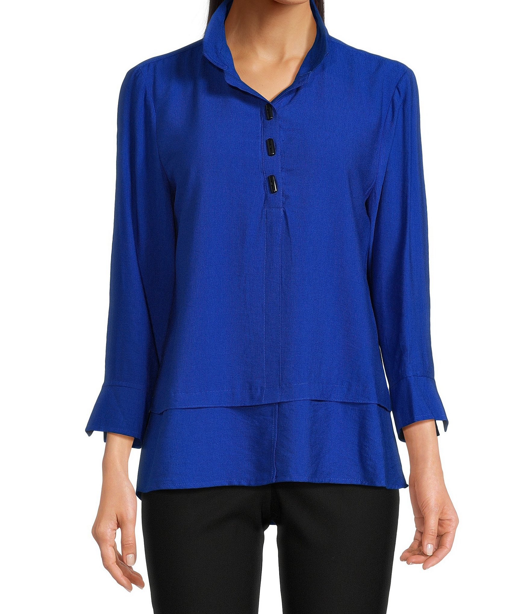 Ali Miles Solid Woven Point Collar 3/4 Roll-Tab Sleeve Blouse | Dillard's