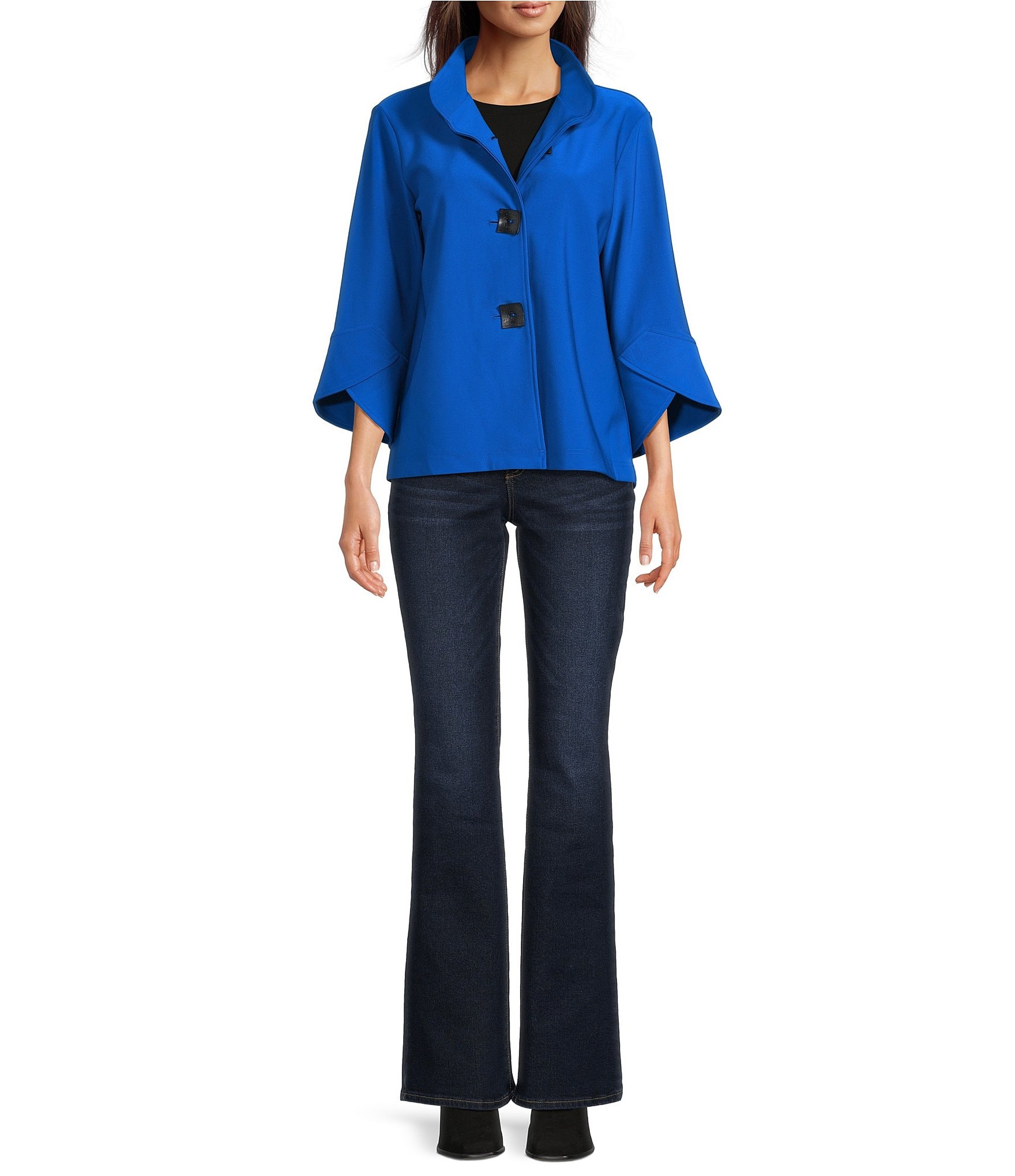 Ali Miles Stand Collar 3/4 Sleeve Hi-Low Hem Button-Front Jacket