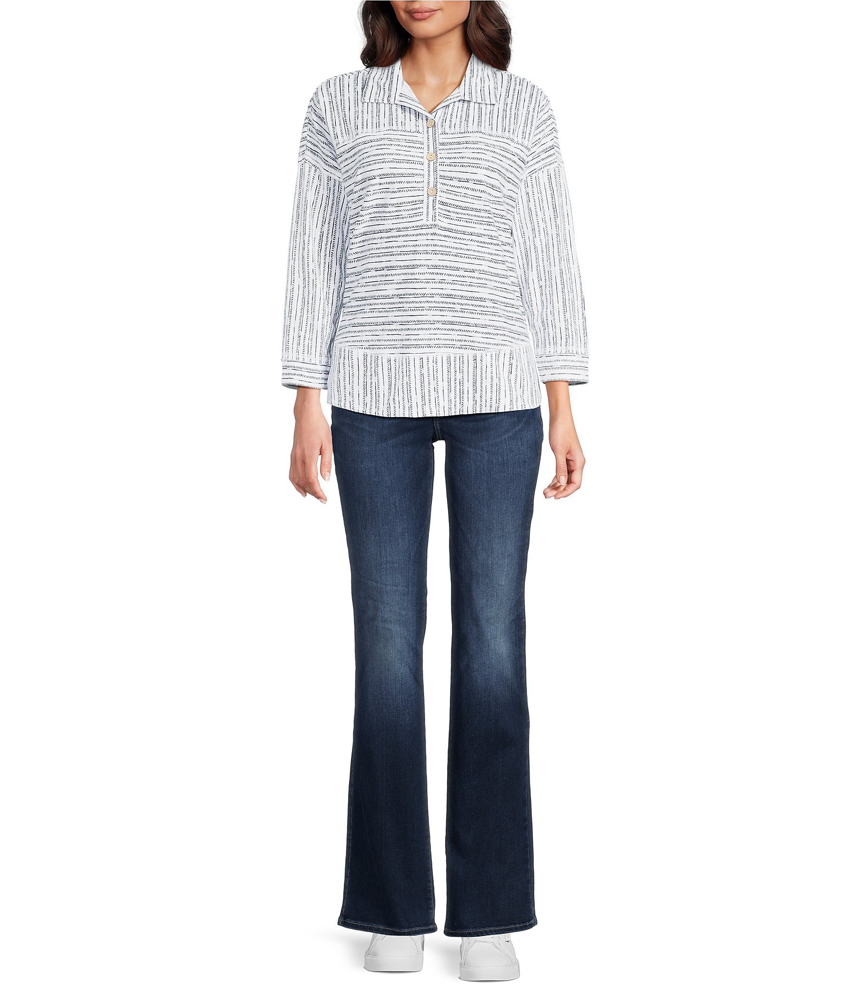 Ali Miles Strayed Linear Dot Point Collar 3/4 Sleeve Pop-Over Top