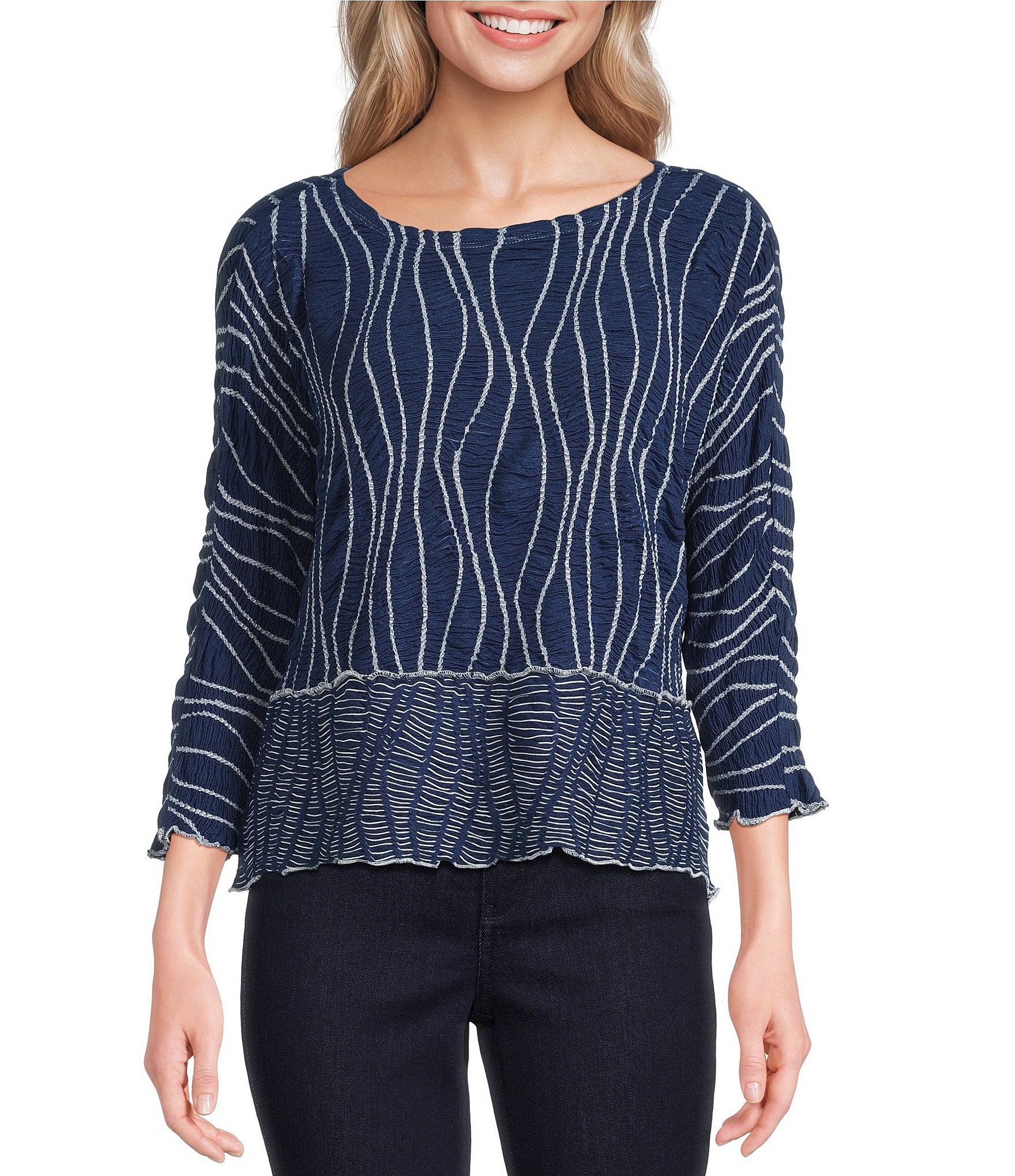 Ali Miles Texture Jacquard Blue Mist Print Round Neck 3/4 Sleeve Pullover Top