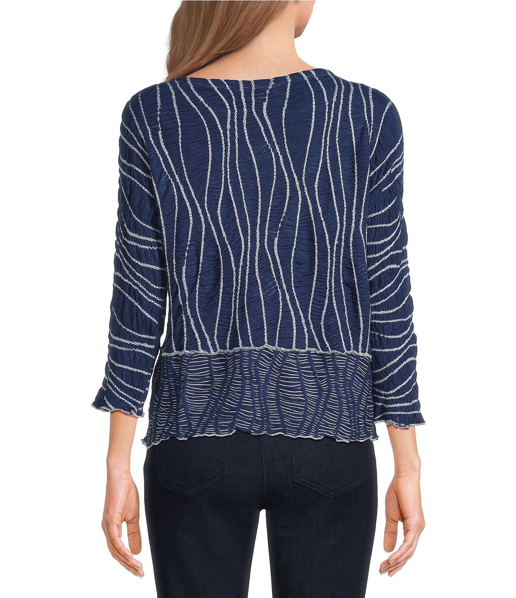 Ali Miles Texture Jacquard Blue Mist Print Round Neck 3/4 Sleeve Pullover Top