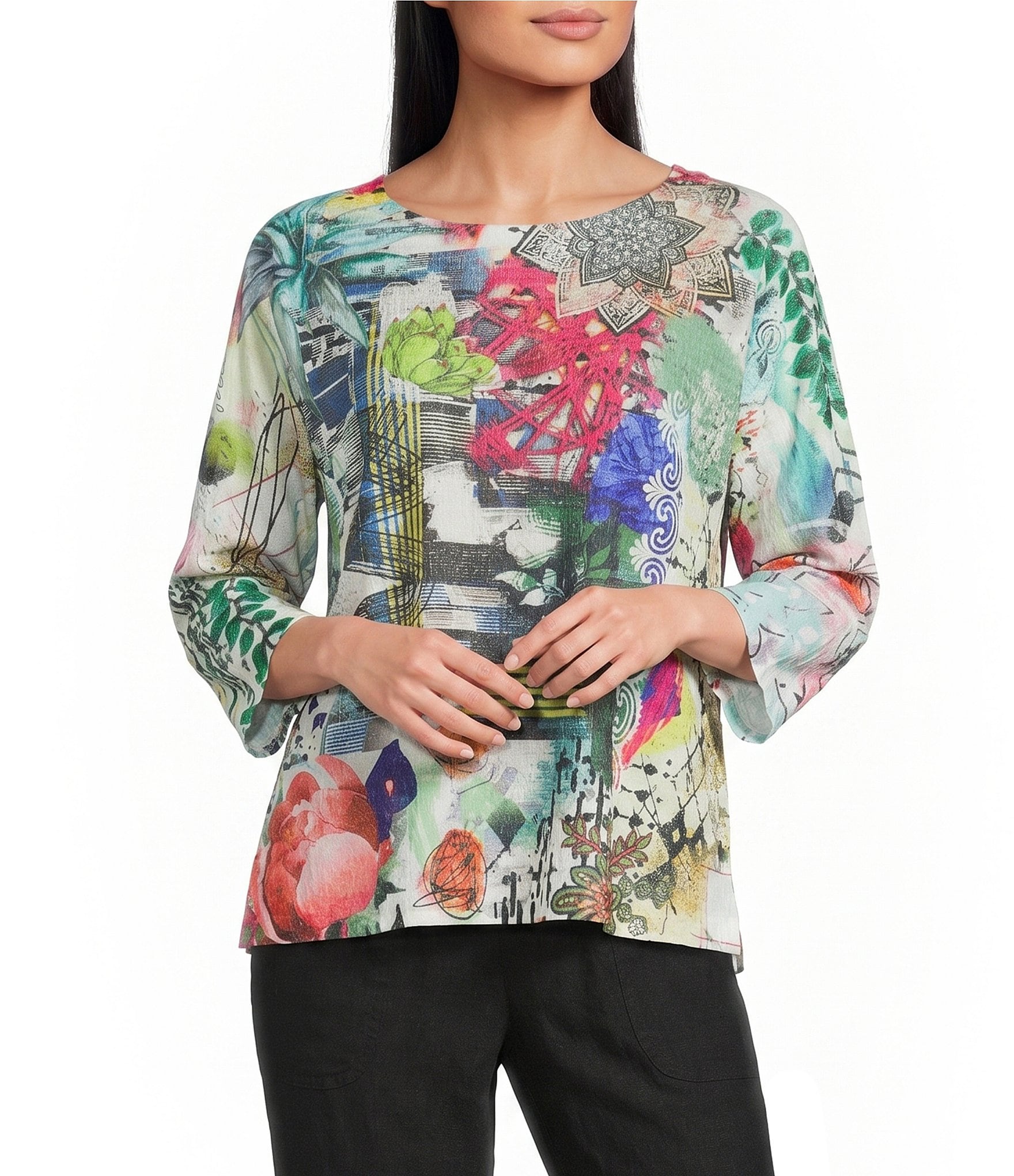 Ali Miles Texture Knit Round Neck 3/4 Sleeve Blouse