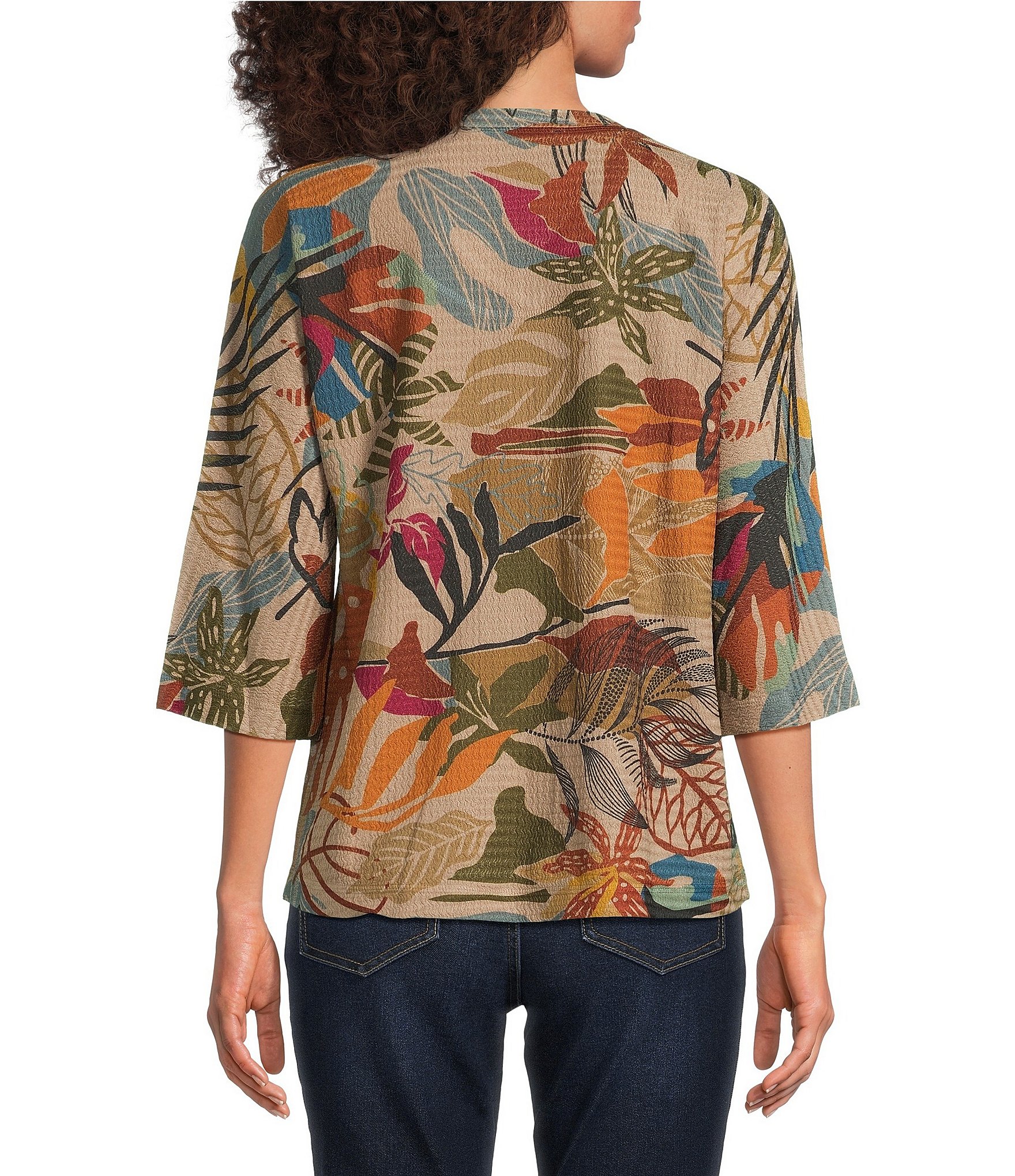 Ali Miles Textured Knit Floral Multi Print V-Neck 3/4 Sleeve Pullover Top