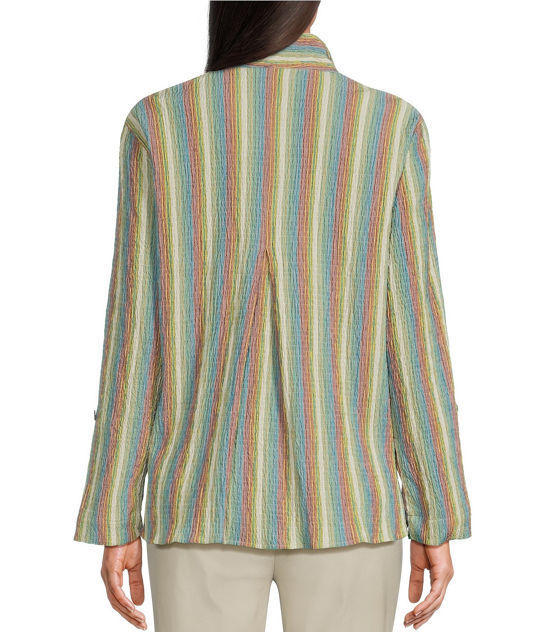 Ali Miles Textured Knit Stripe Point Collar 3/4 Sleeve Top