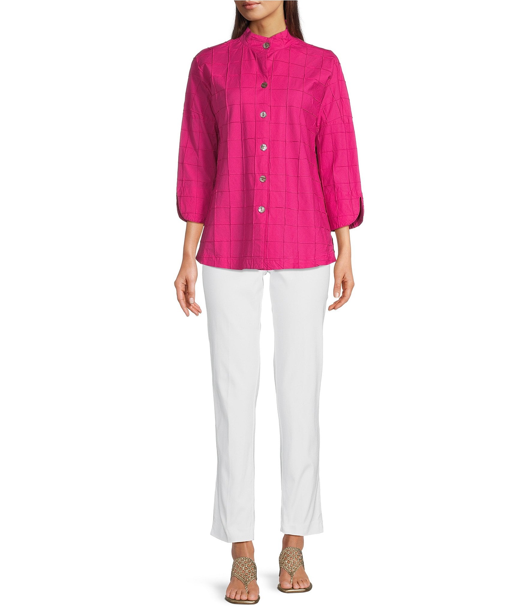 Ali Miles Textured Soft Point Collar 3/4 Sleeve Button Front Tunic