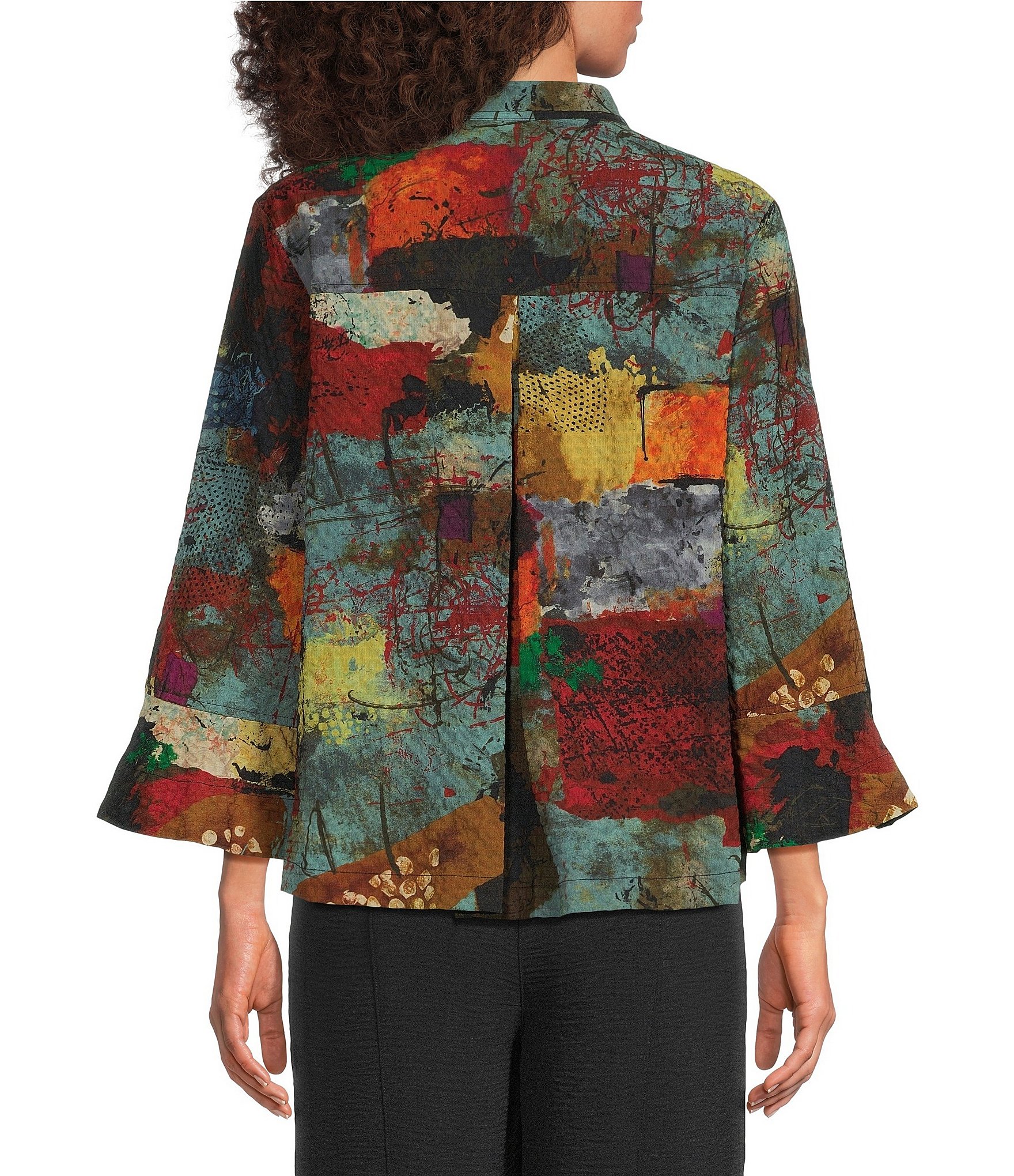 Ali Miles Textured Woven Abstract Multi Print Wire Collar 3/4 Sleeve Button Front Top