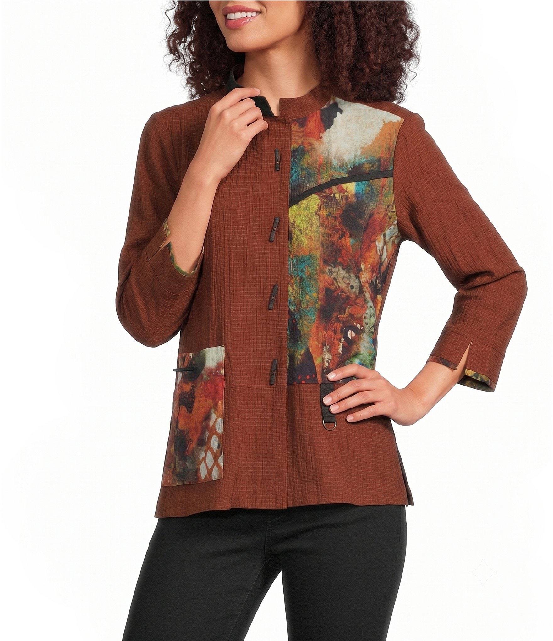 Ali Miles Textured Woven Abstract Patch Print 3/4 Sleeve Button Front Tunic