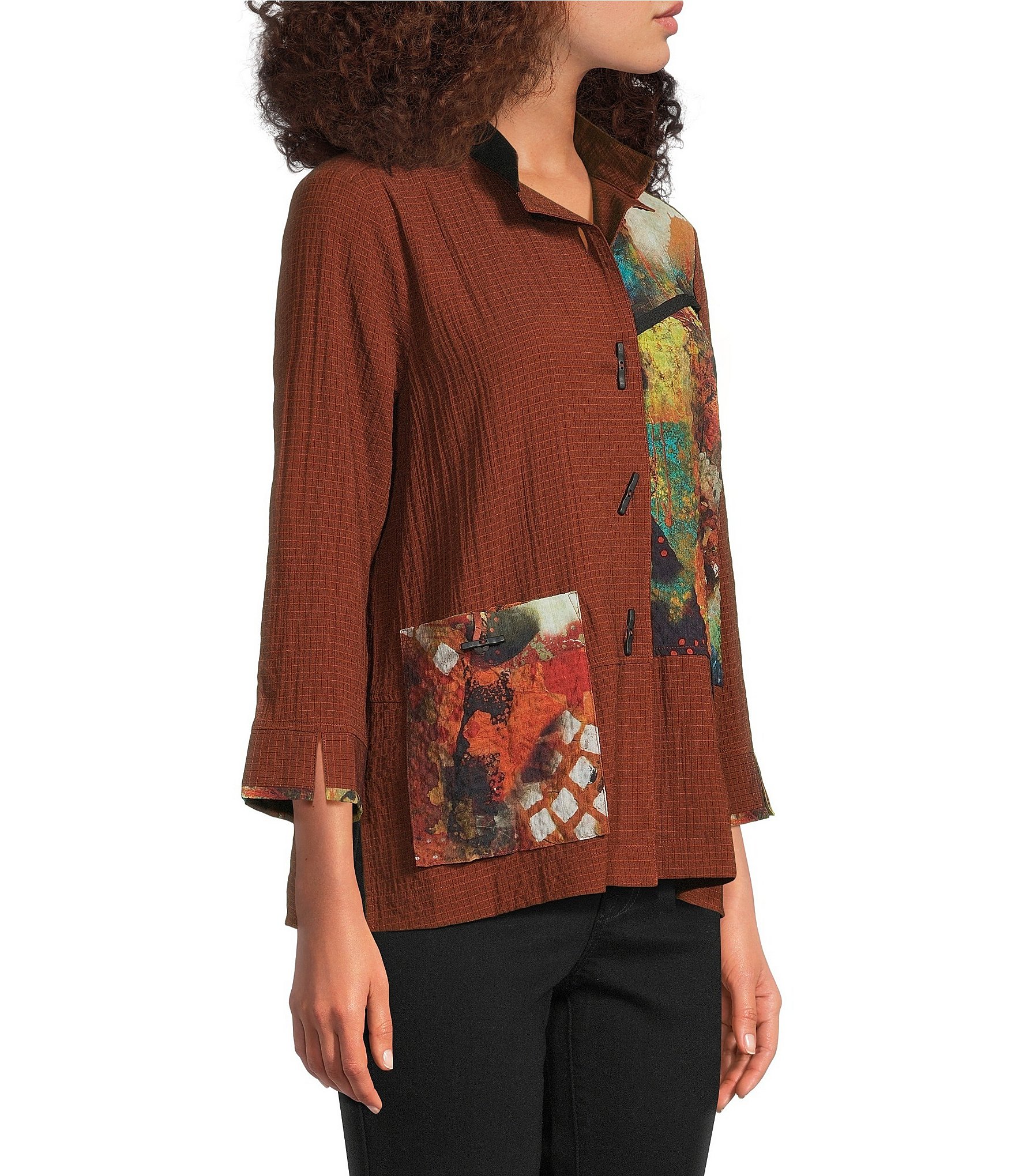 Ali Miles Textured Woven Abstract Patch Print 3/4 Sleeve Button Front Tunic