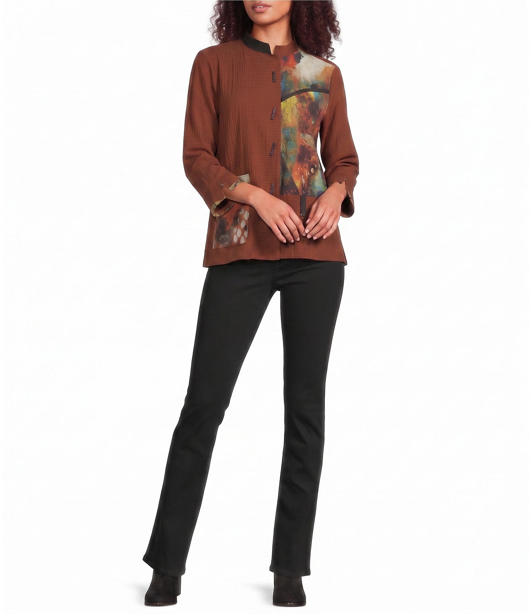 Ali Miles Textured Woven Abstract Patch Print 3/4 Sleeve Button Front Tunic