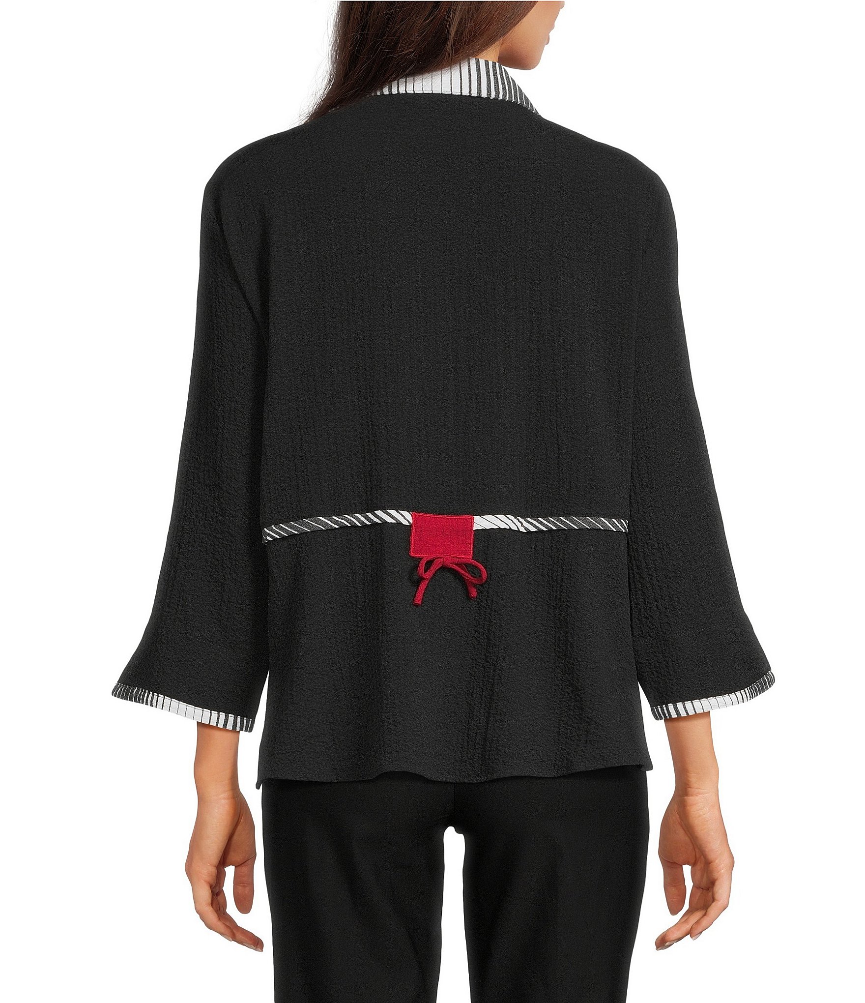 Ali Miles Textured Yarn-Dyed Ombre Stripe Point Collar 3/4 Sleeve Button Front Tunic