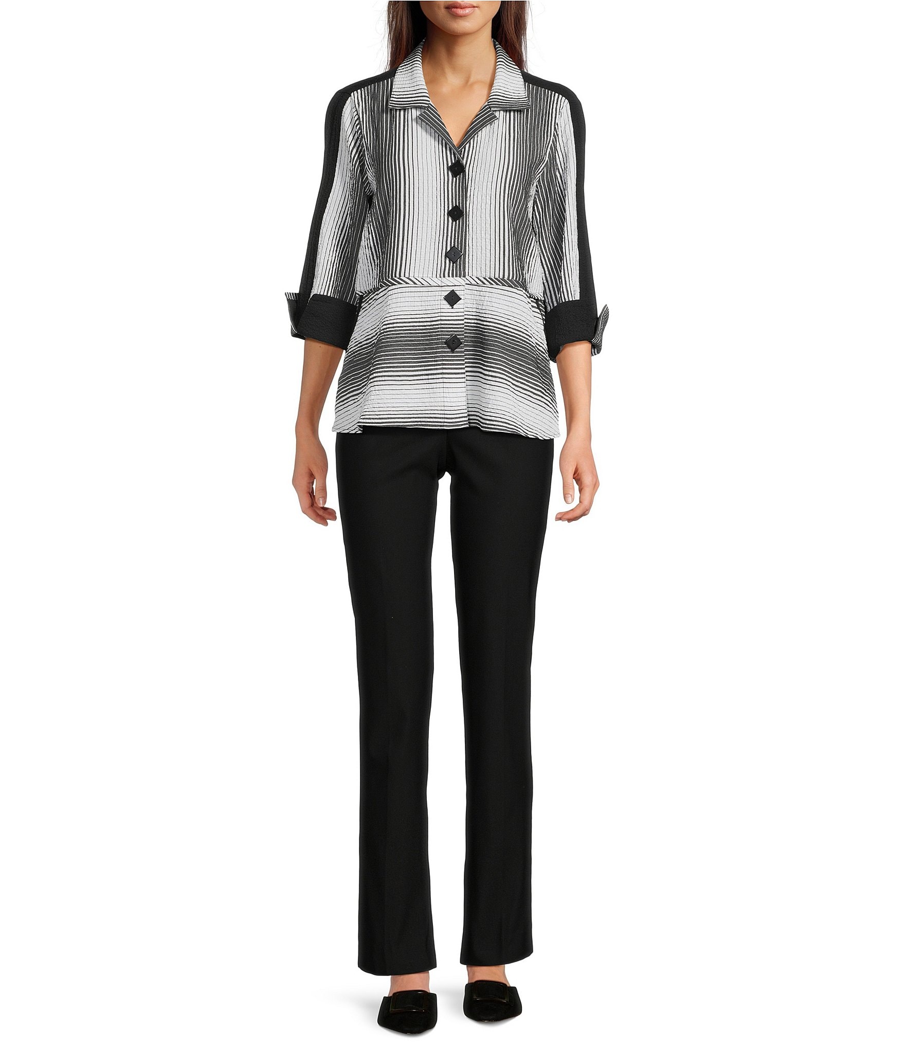 Ali Miles Textured Yarn-Dyed Ombre Stripe Point Collar 3/4 Sleeve Button Front Tunic