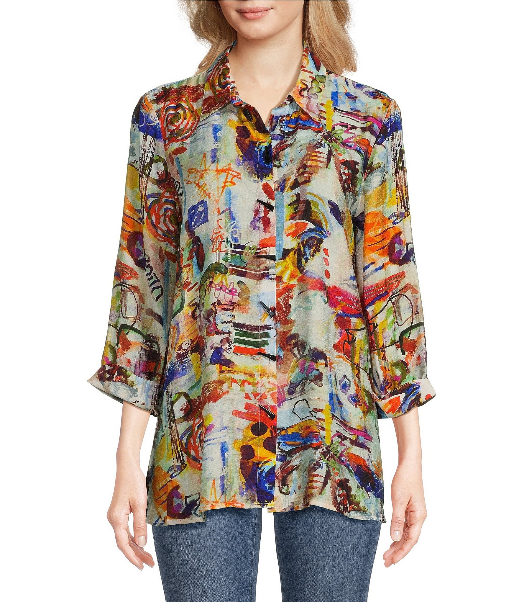 Ali Miles Woven Abstract Multi Print Collar Y-Neck 3/4 Cuffed Sleeve ...