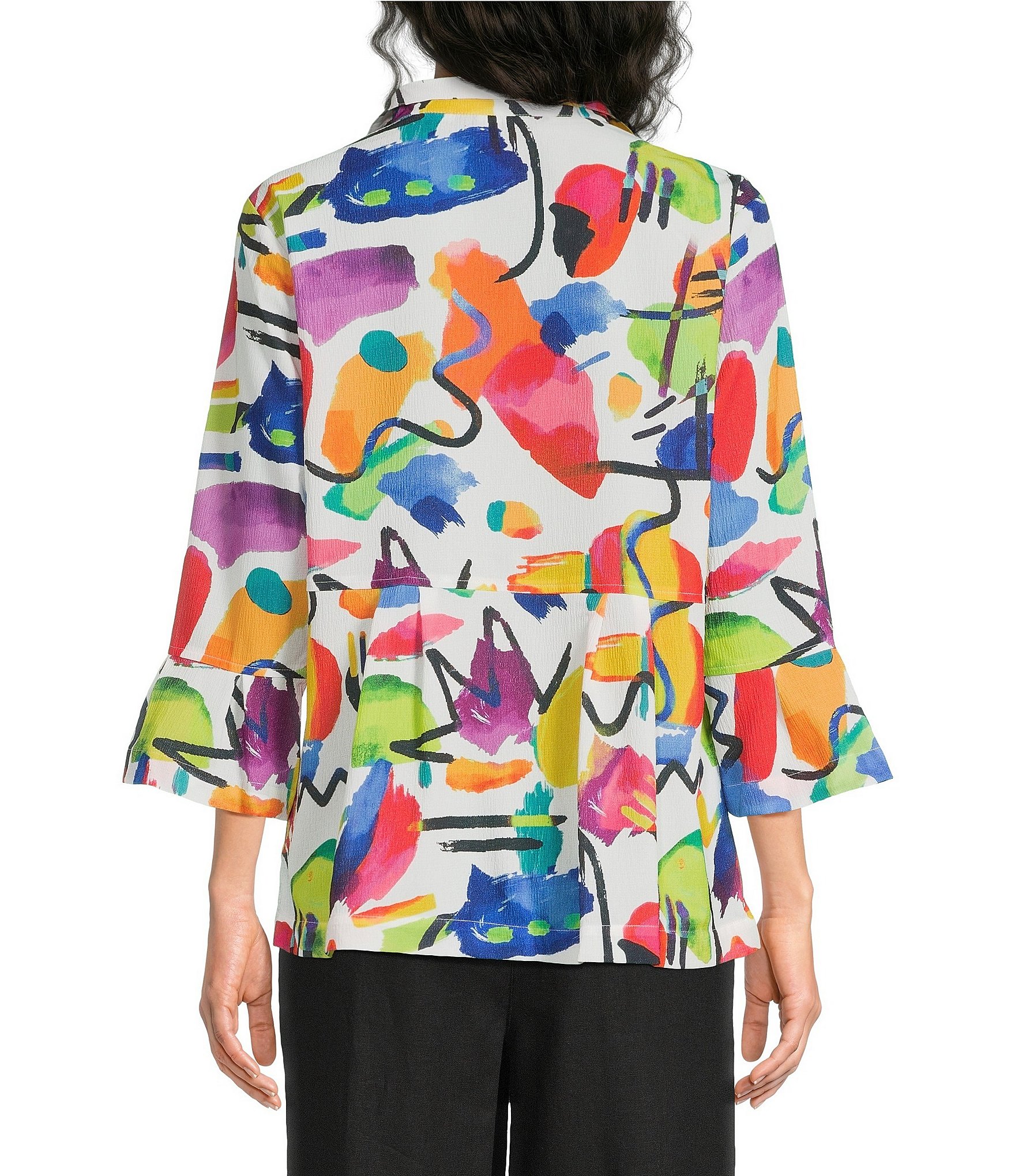 Ali Miles Woven Abstract Multi Wire Collar 3/4 Flounce Sleeve Button Front Jacket