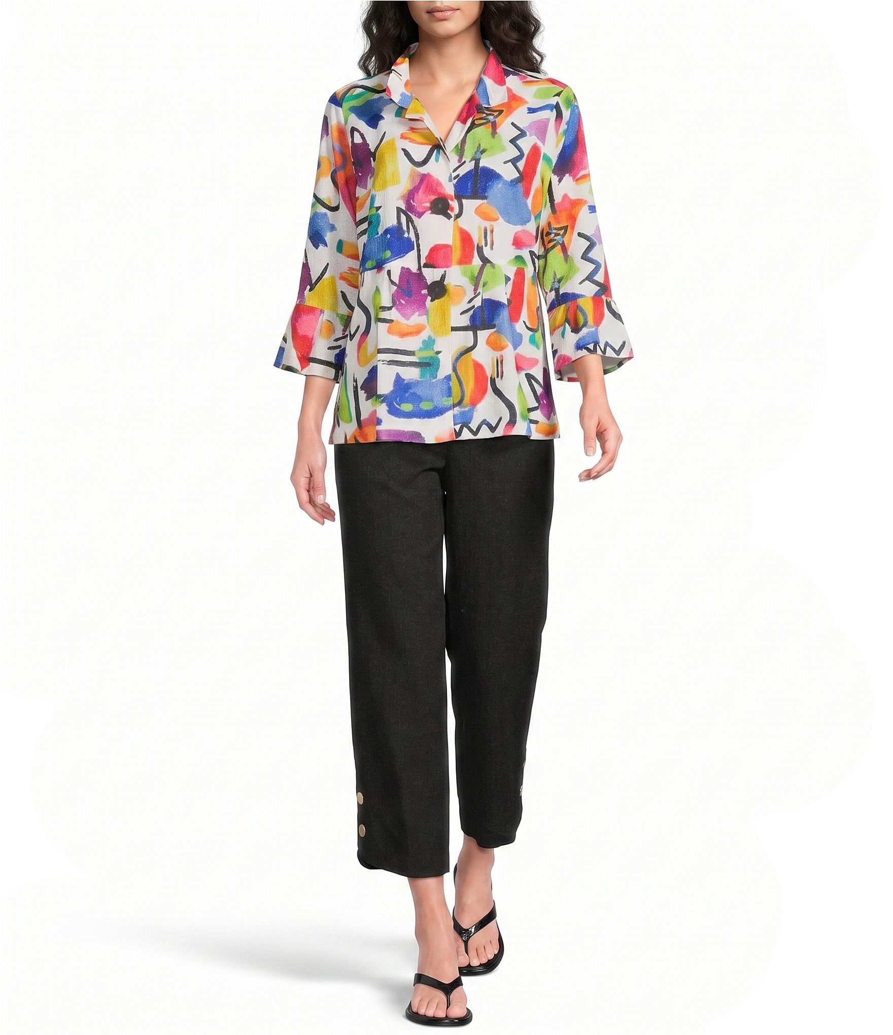 Ali Miles Woven Abstract Multi Wire Collar 3/4 Flounce Sleeve Button Front Jacket